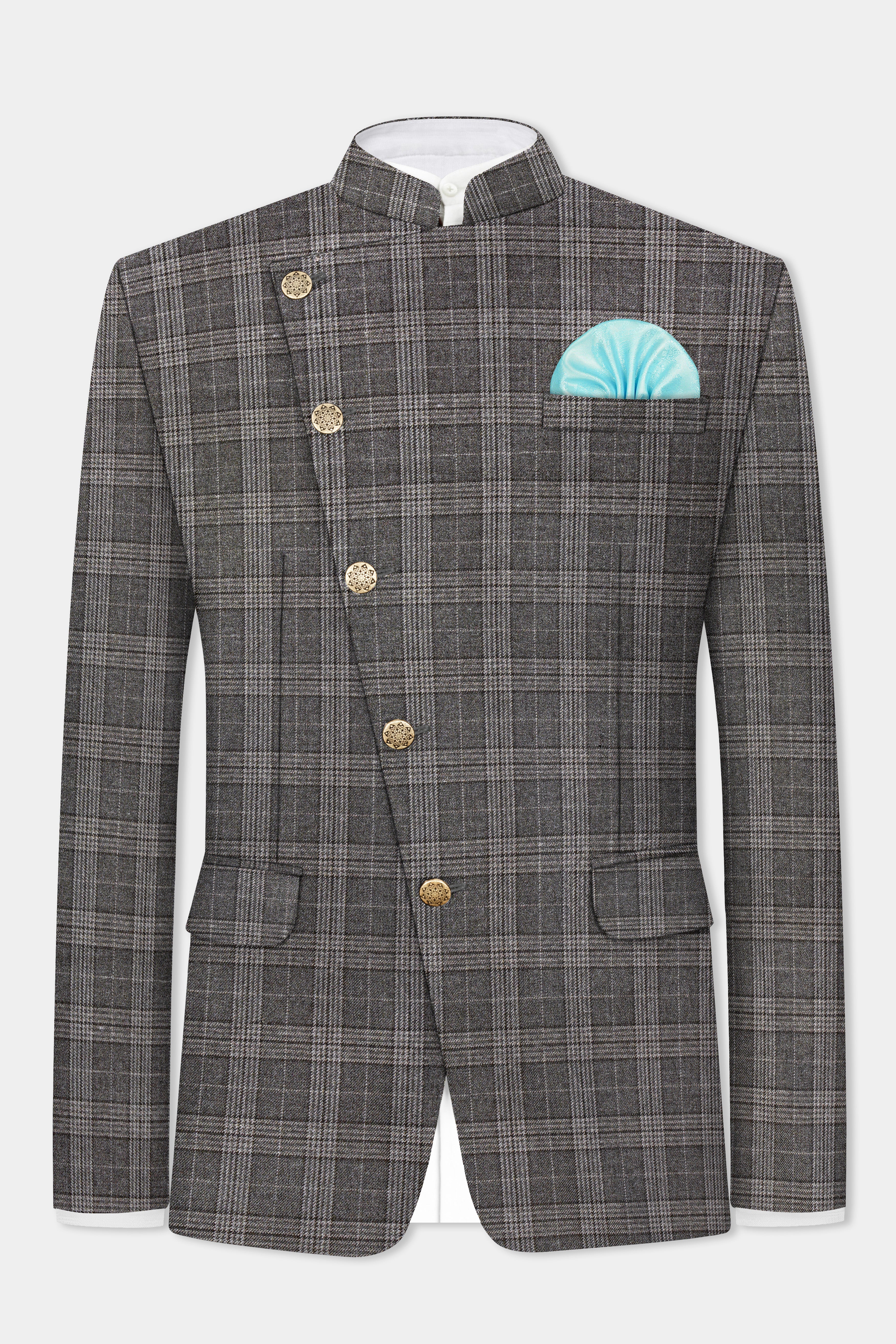 Iridium Gray Plaid Tweed Wool Blend Cross Placket Bandhgala Blazer