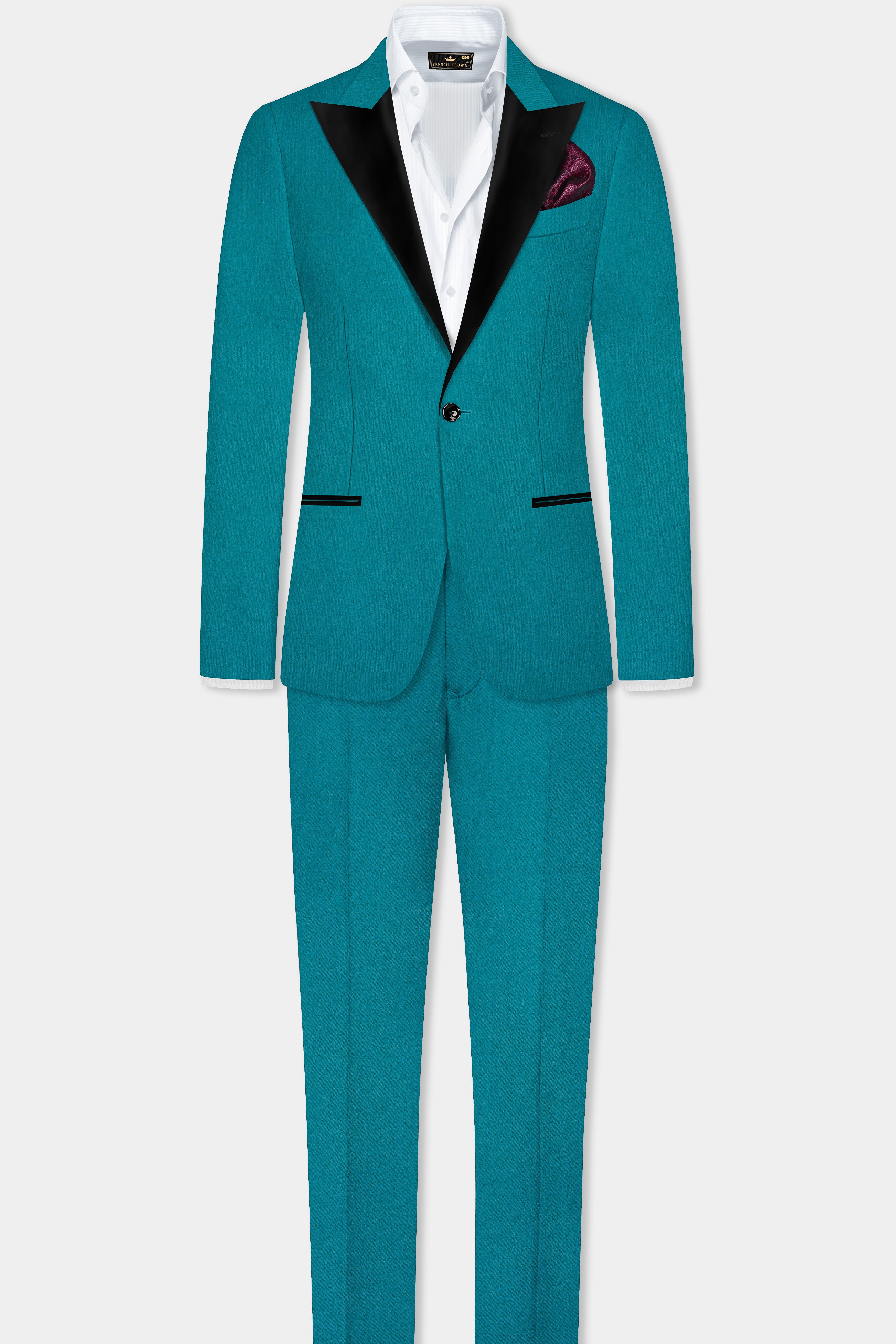 Surfie Green Plain Solid Wool Blend Peak Lapel Tuxedo Blazer