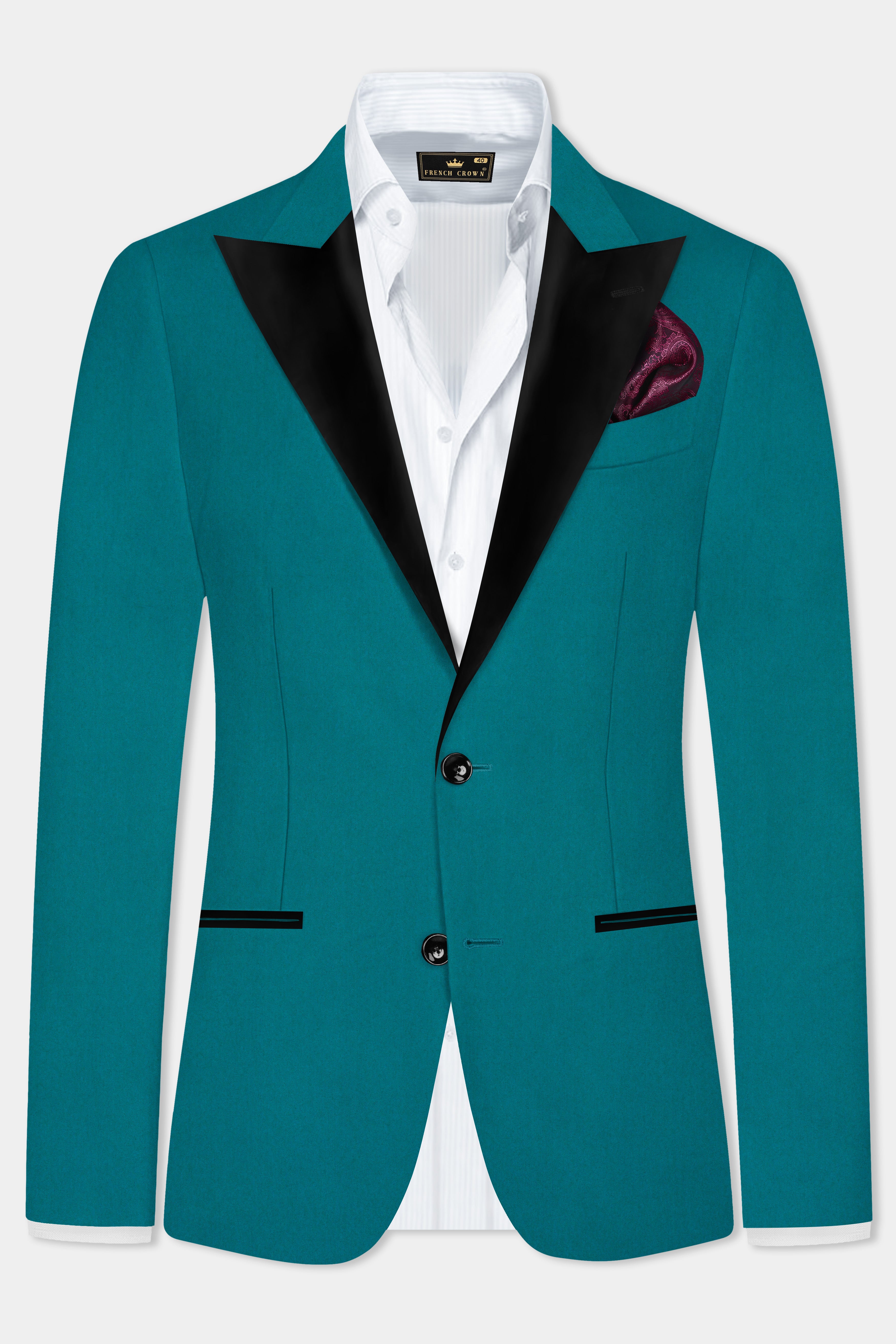 Surfie Green Plain Solid Wool Blend Peak Collar Tuxedo Blazer