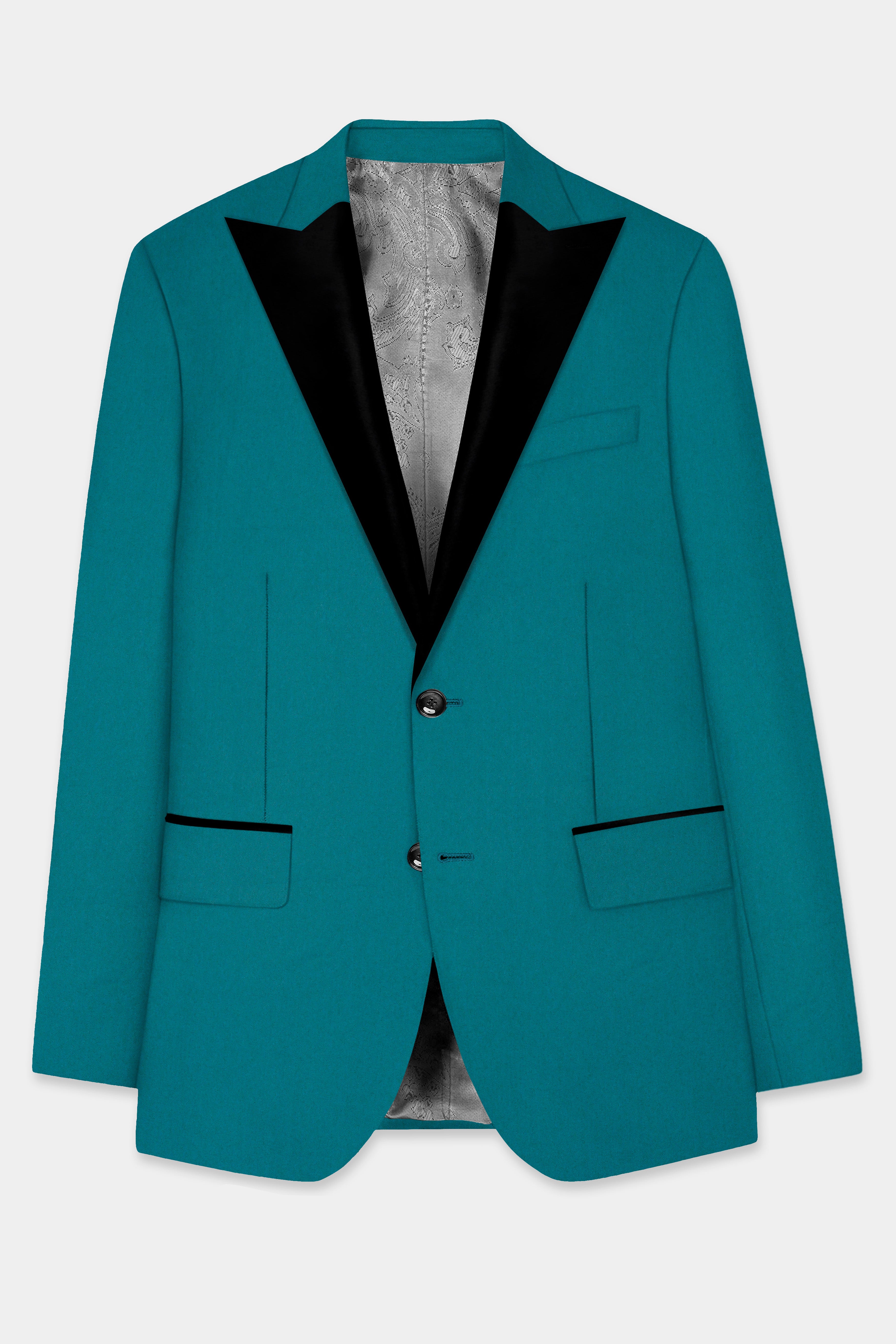 Surfie Green Plain Solid Wool Blend Peak Collar Tuxedo Blazer