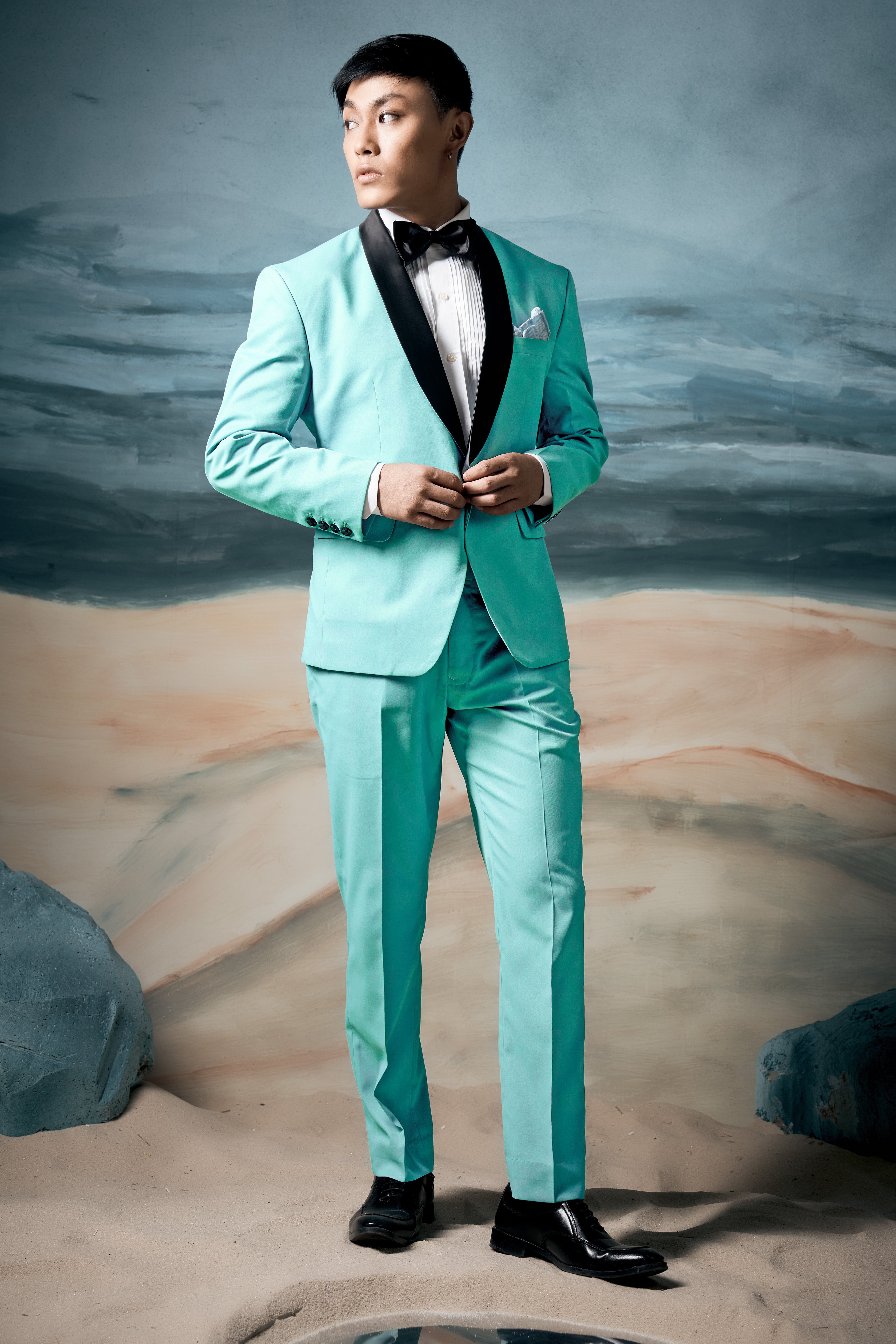 Korean Sinbad Blue Solid Wool Blend Tuxedo Blazer