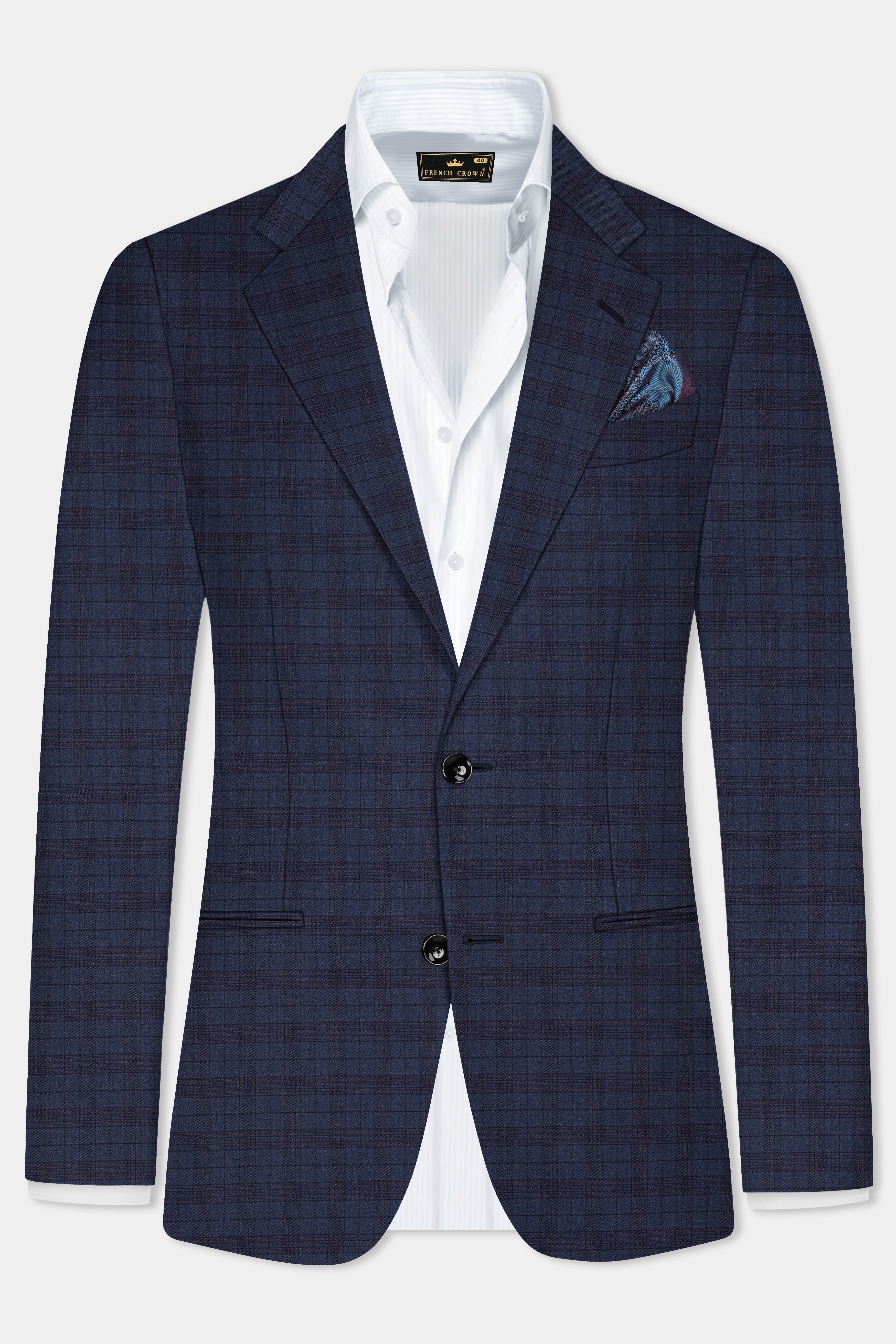 Martinique Blue Plaid Wool Blend Single Breasted Blazer