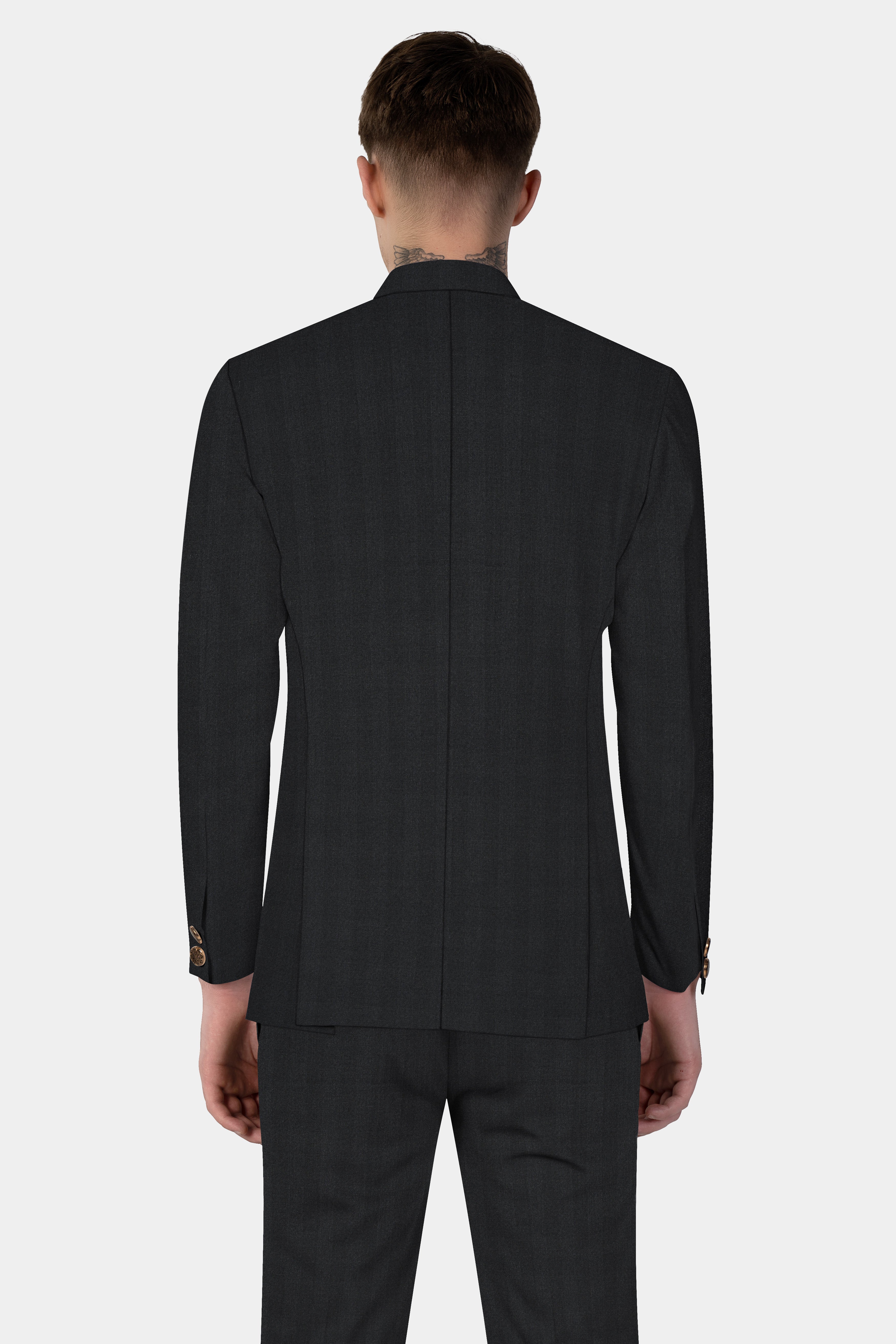 Vulcan Black Striped Wool Blend Cross Placket Bandhgala Blazer