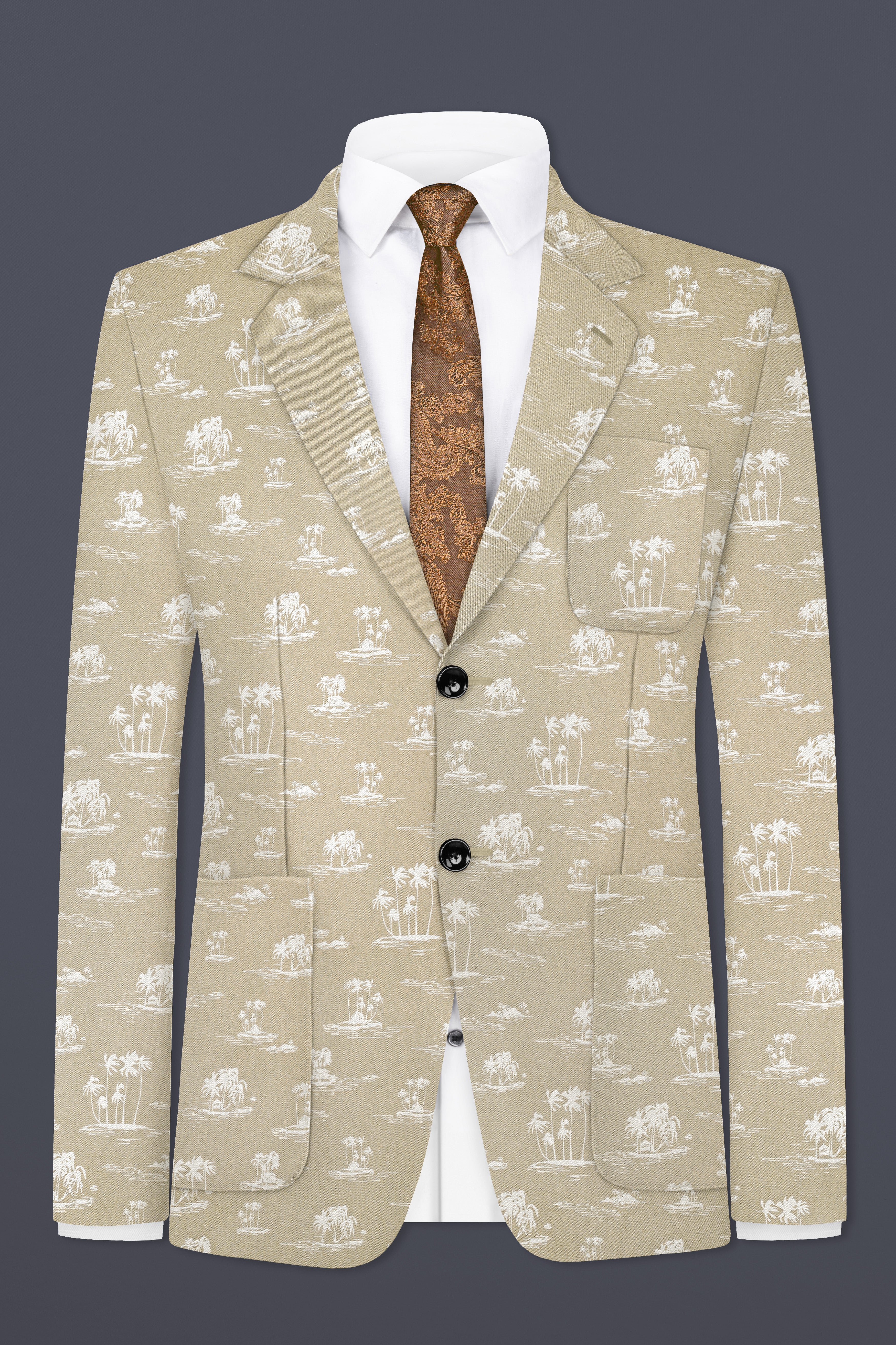 Malta Cream Coconut Tree Printed Cotton Single Breasted Blazer