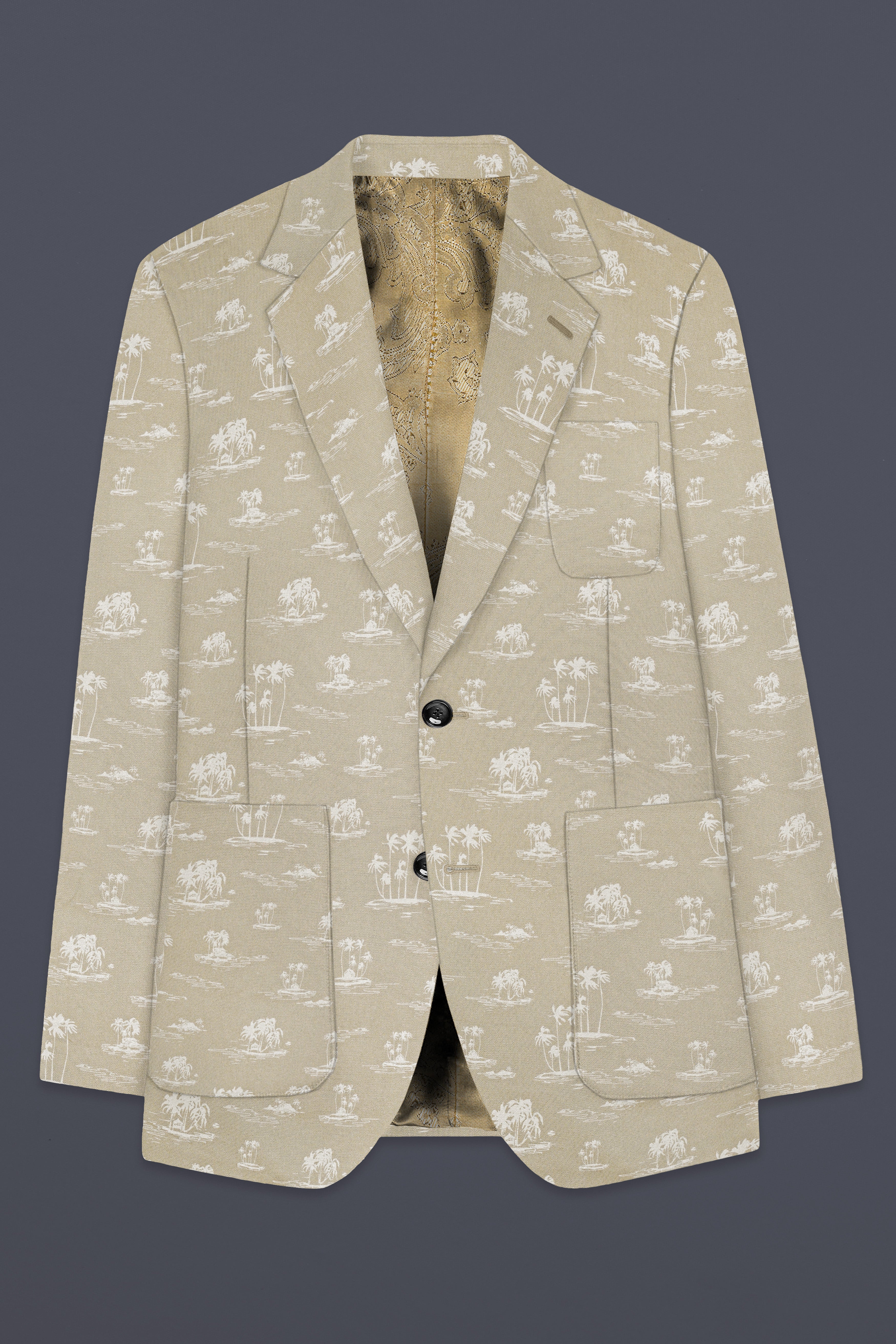 Malta Cream Coconut Tree Printed Cotton Single Breasted Blazer