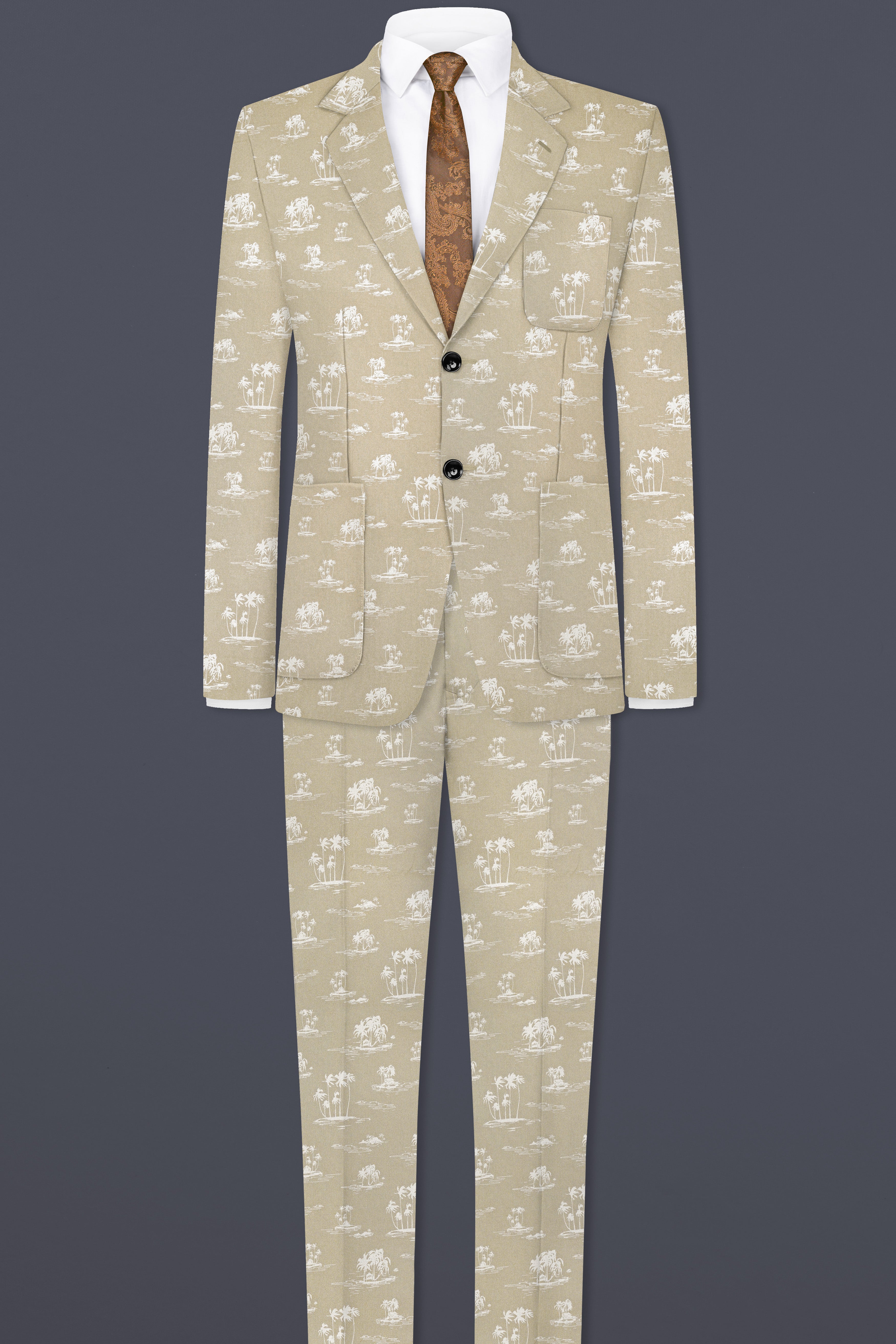 Malta Cream Coconut Tree Printed Cotton Single Breasted Blazer