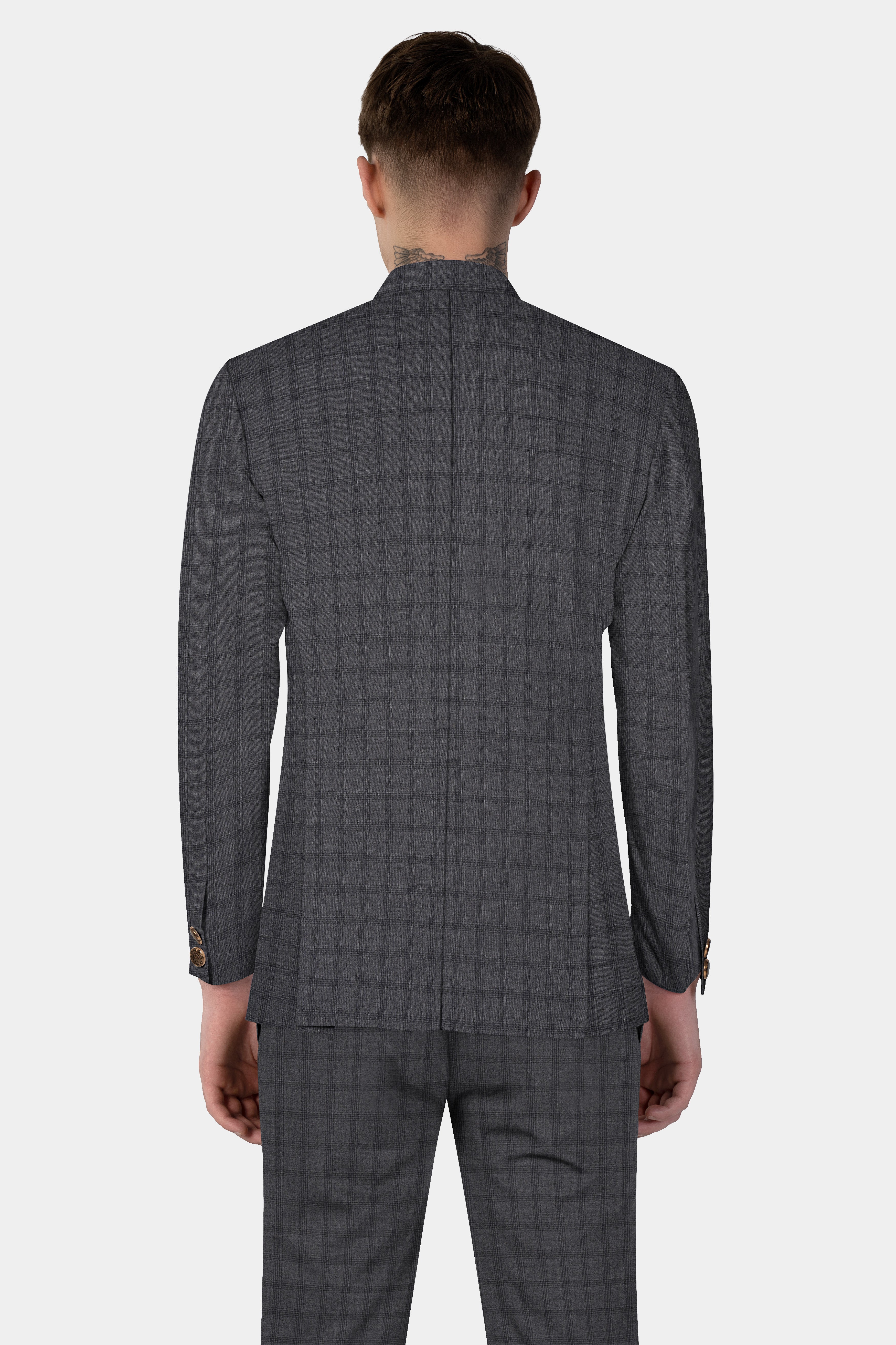 Gravel Gray Checked Wool Blend Cross Placket Bandhgala Blazer