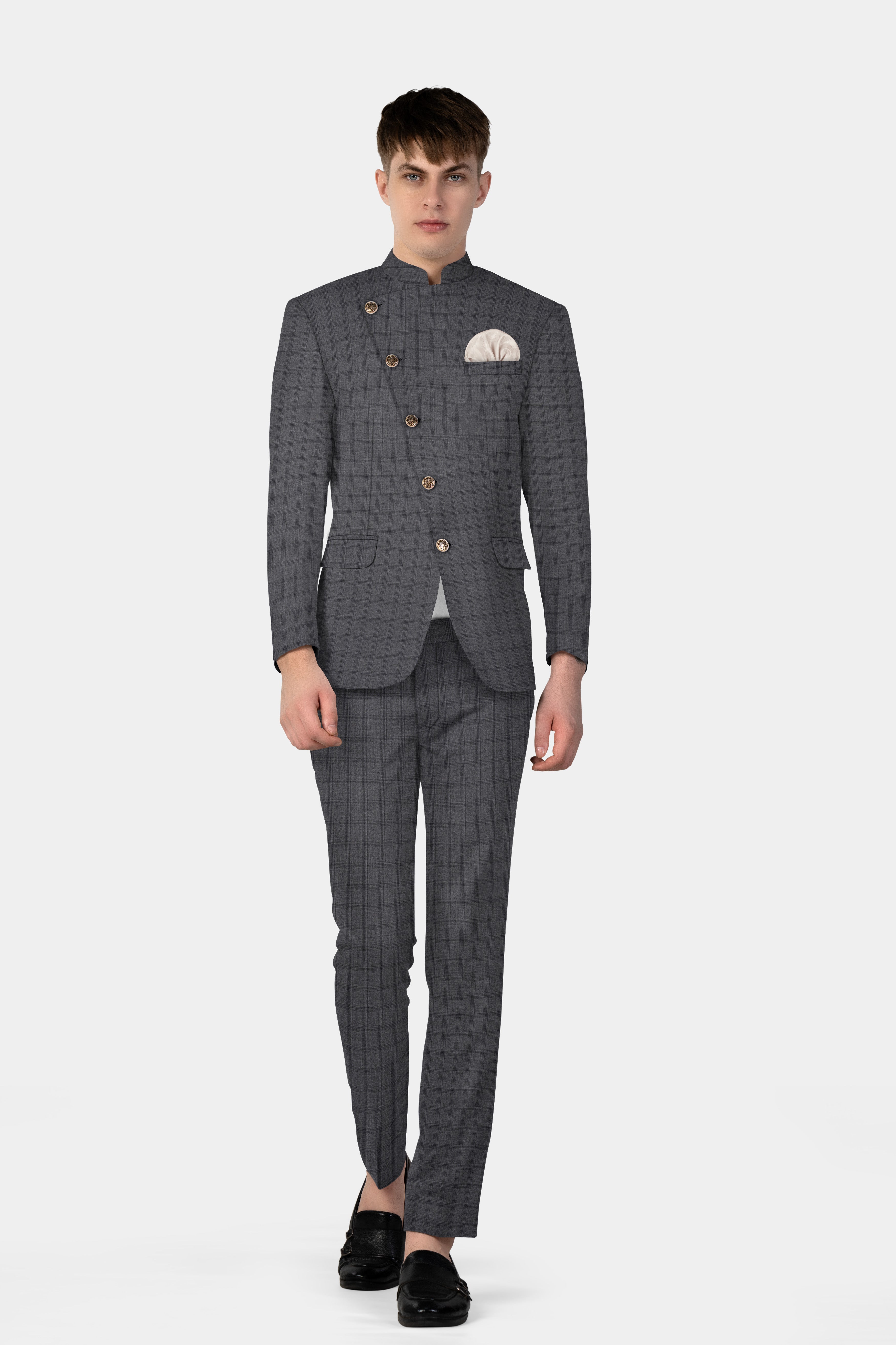 Gravel Gray Checked Wool Blend Cross Placket Bandhgala Blazer