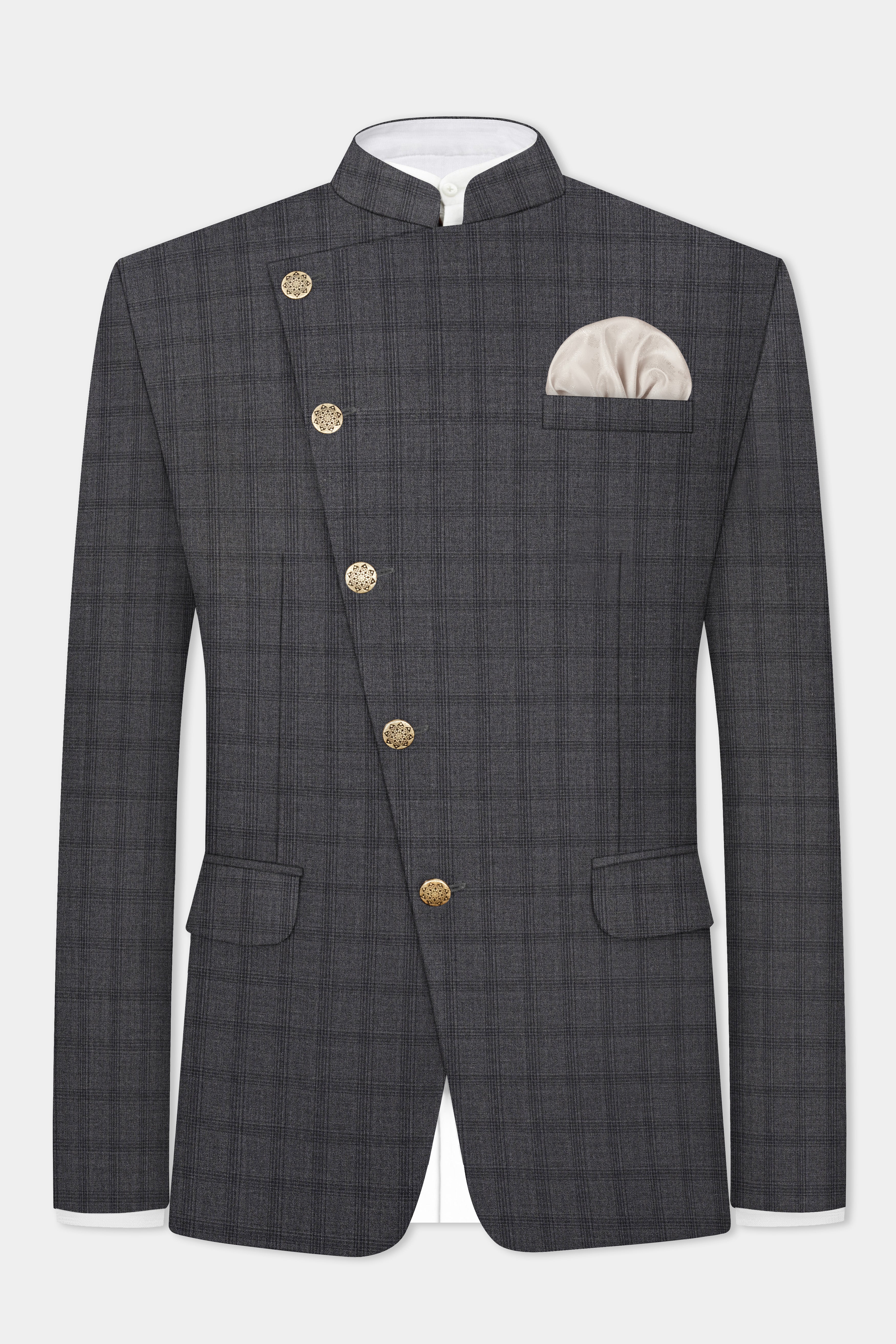 Gravel Gray Checked Wool Blend Cross Placket Bandhgala Blazer