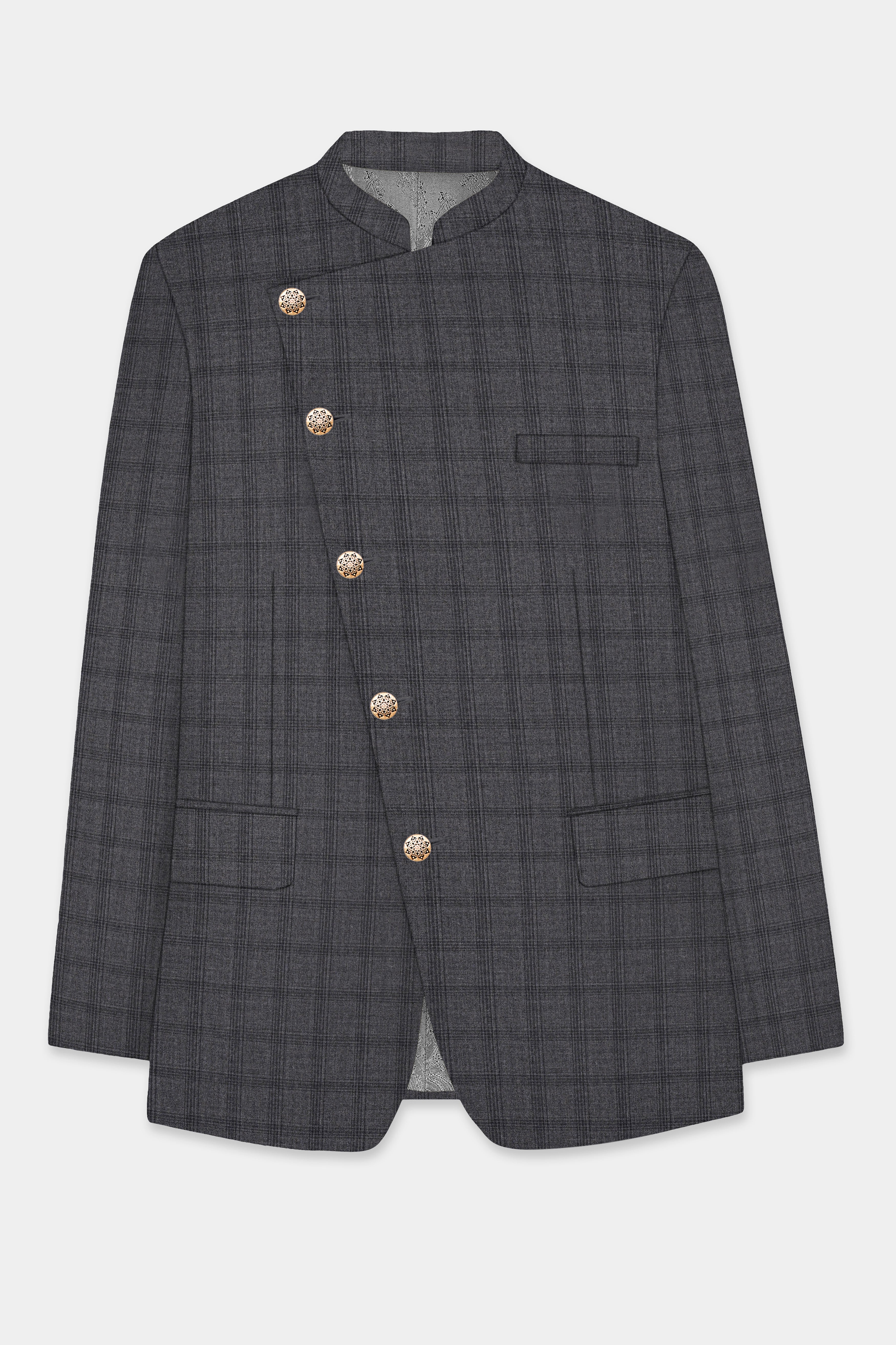 Gravel Gray Checked Wool Blend Cross Placket Bandhgala Blazer