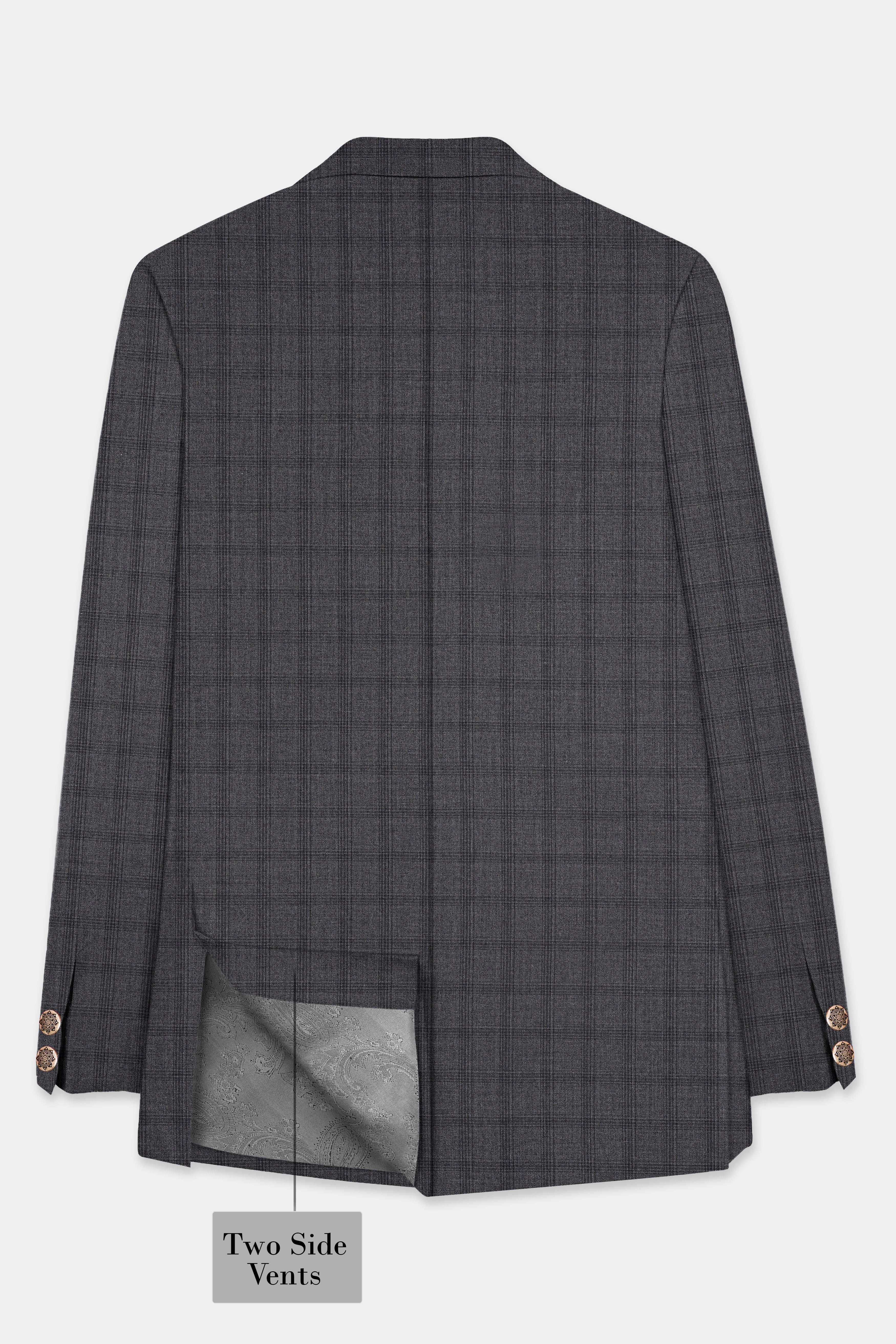 Gravel Gray Checked Wool Blend Cross Placket Bandhgala Blazer