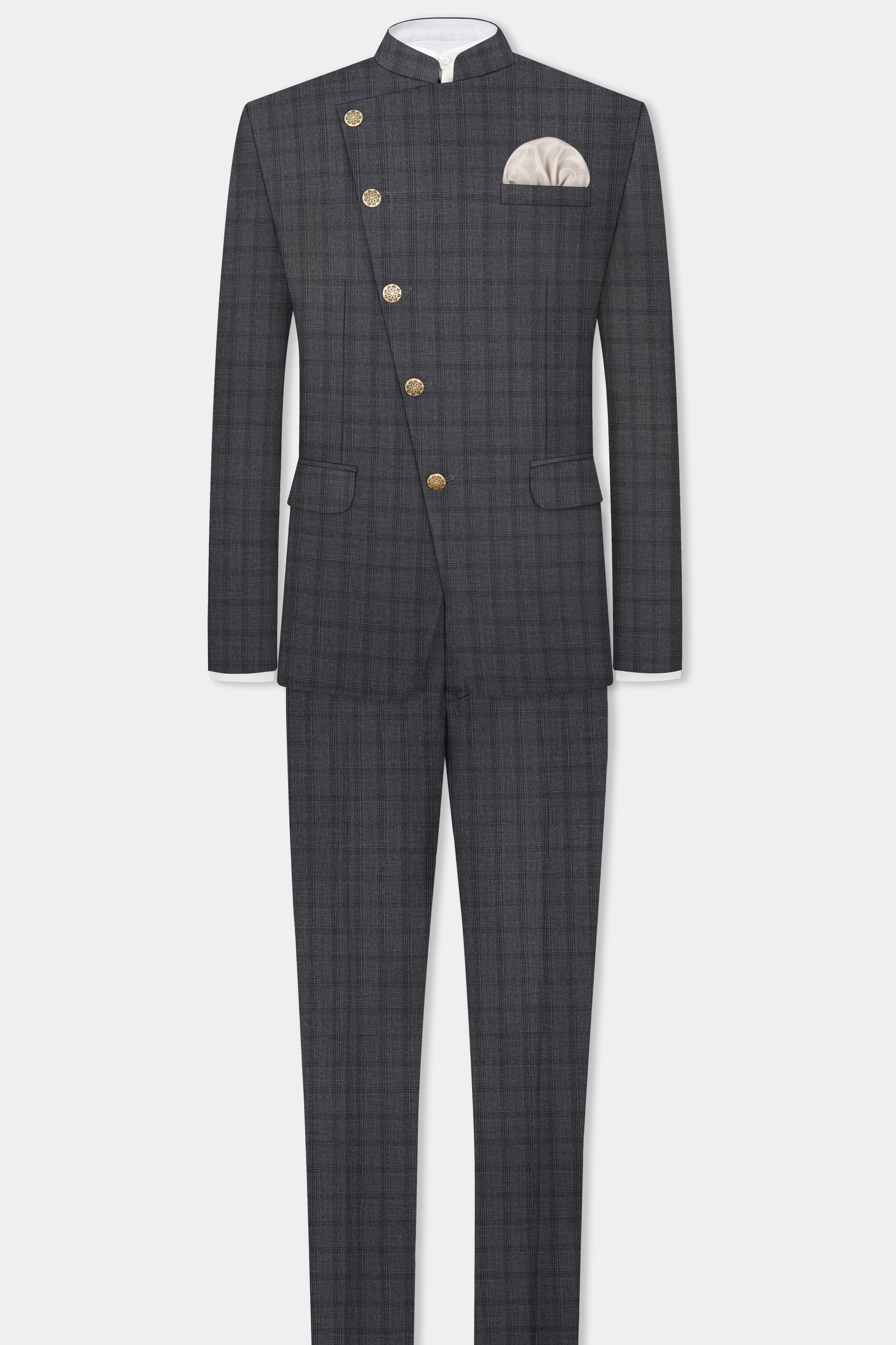 Gravel Gray Checked Wool Blend Cross Placket Bandhgala Blazer