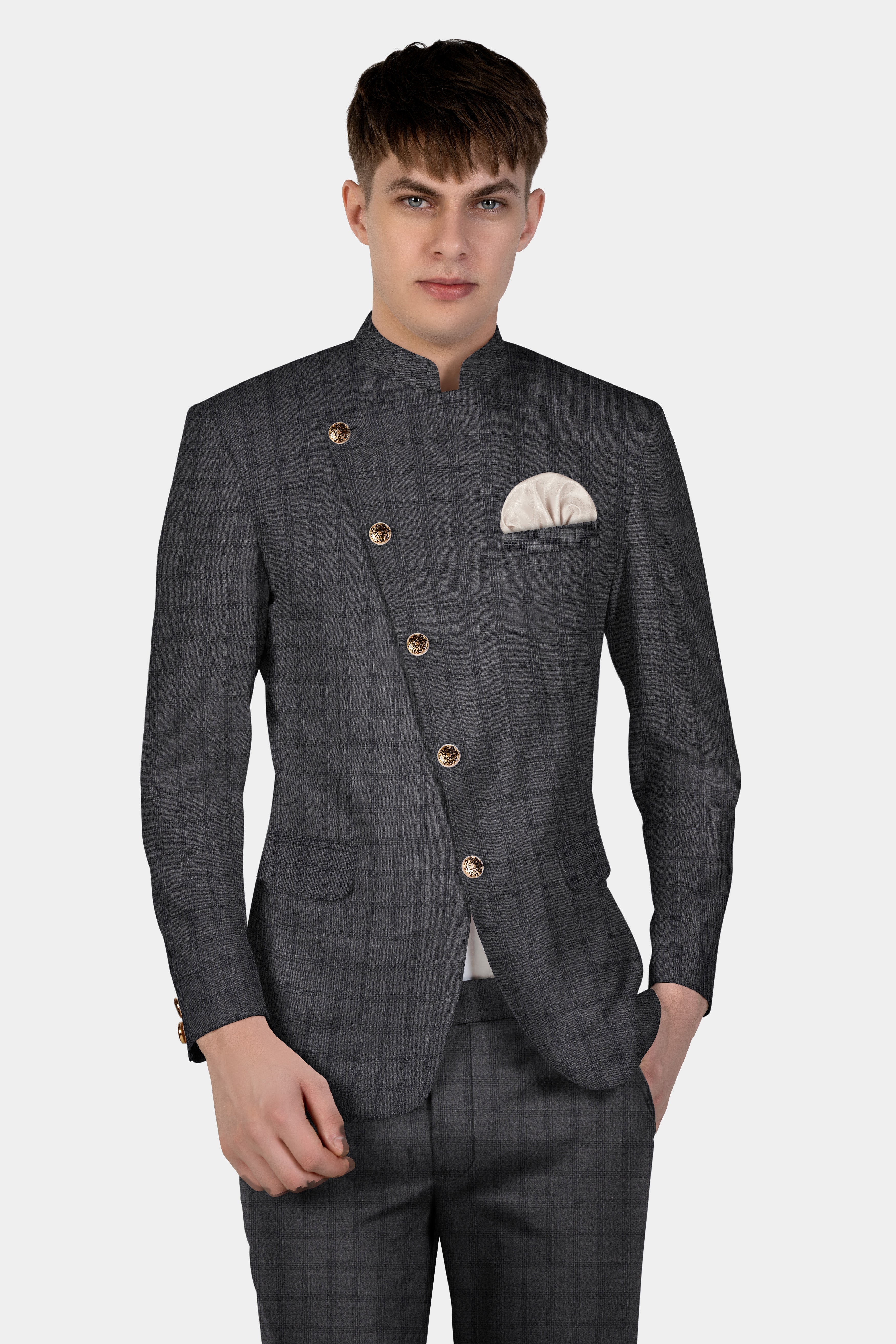 Gravel Gray Checked Wool Blend Cross Placket Bandhgala Blazer