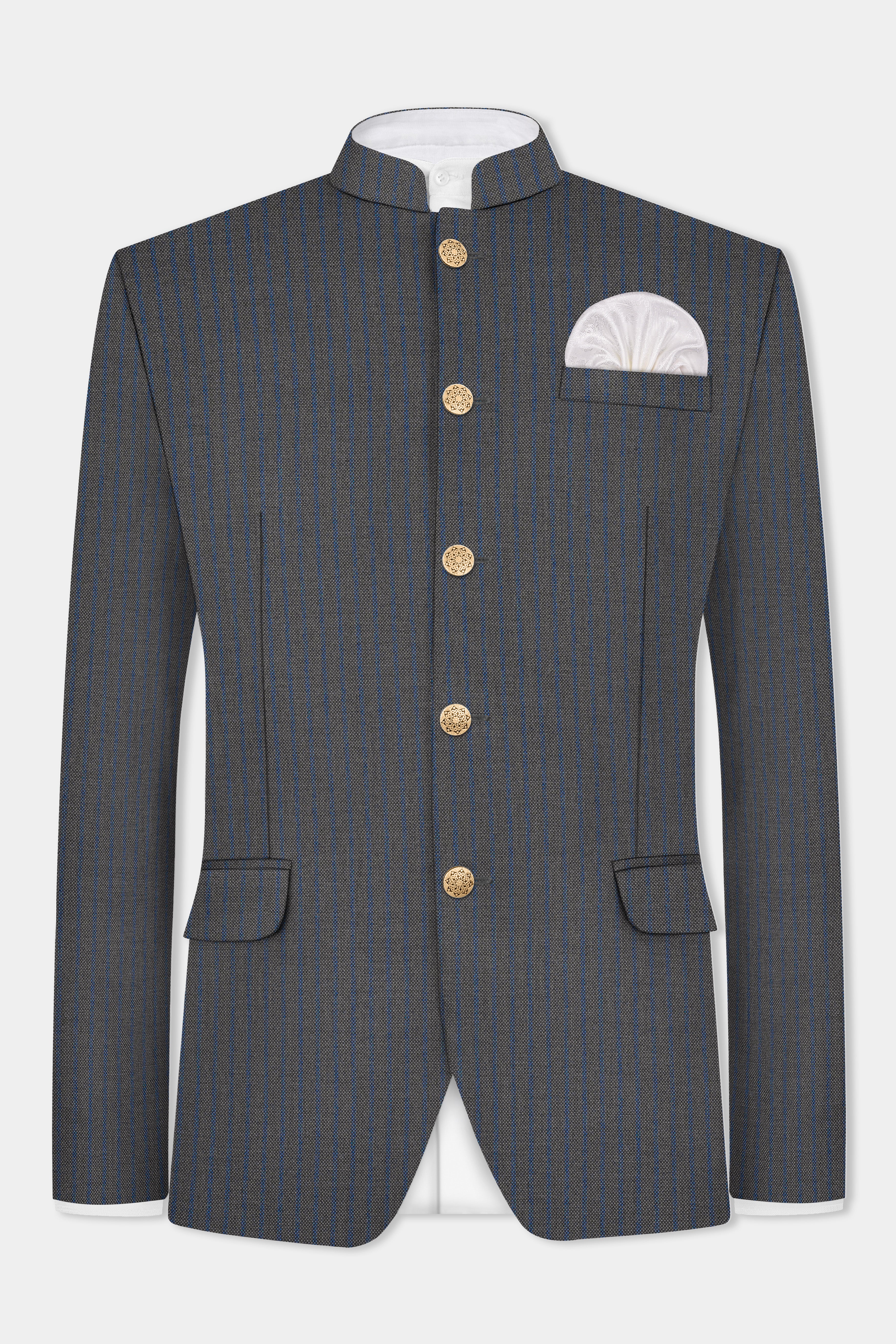 Vampire Gray Striped Wool Blend Bandhgala Blazer