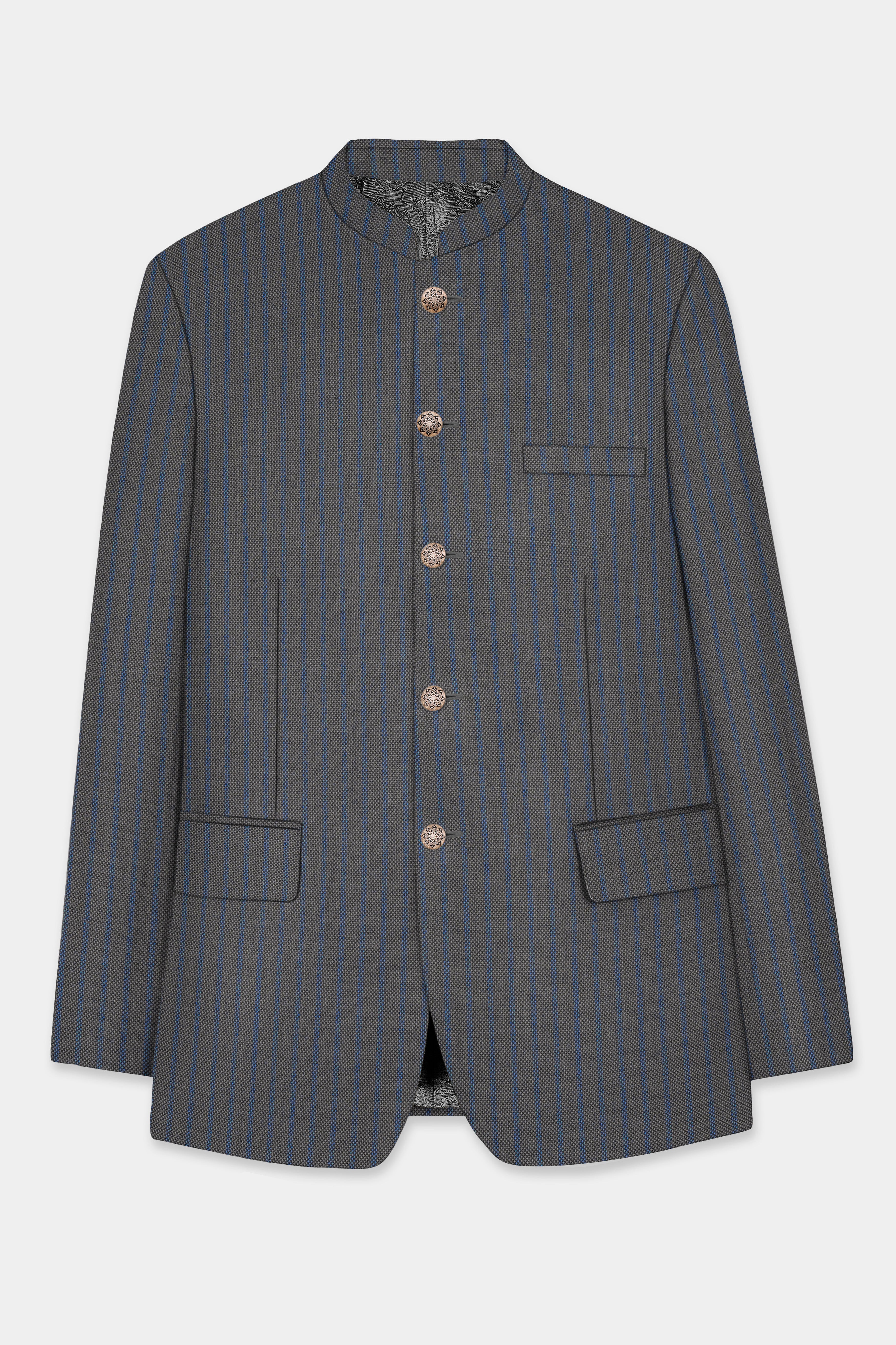 Vampire Gray Striped Wool Blend Bandhgala Blazer