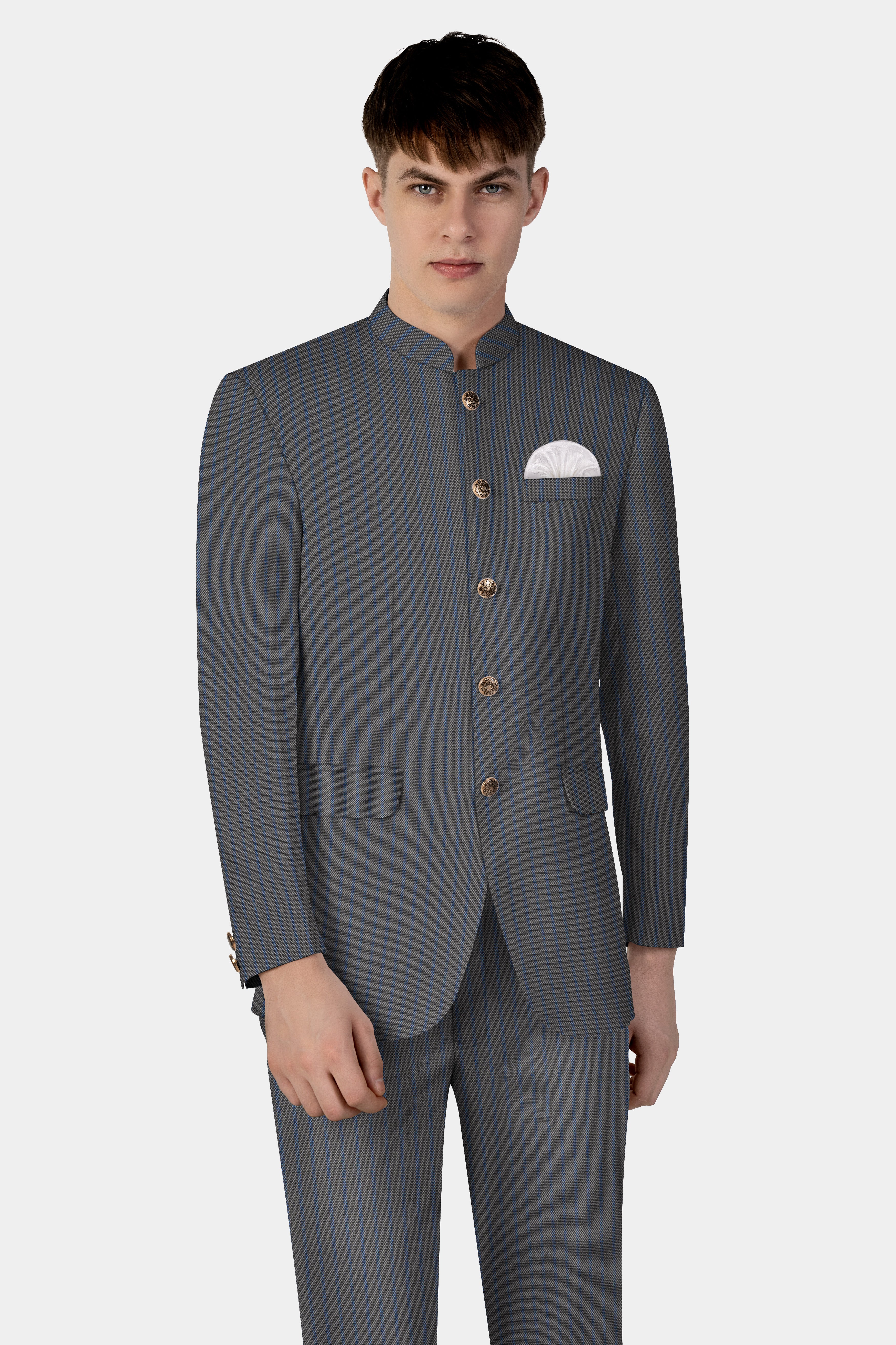 Vampire Gray Striped Wool Blend Bandhgala Blazer