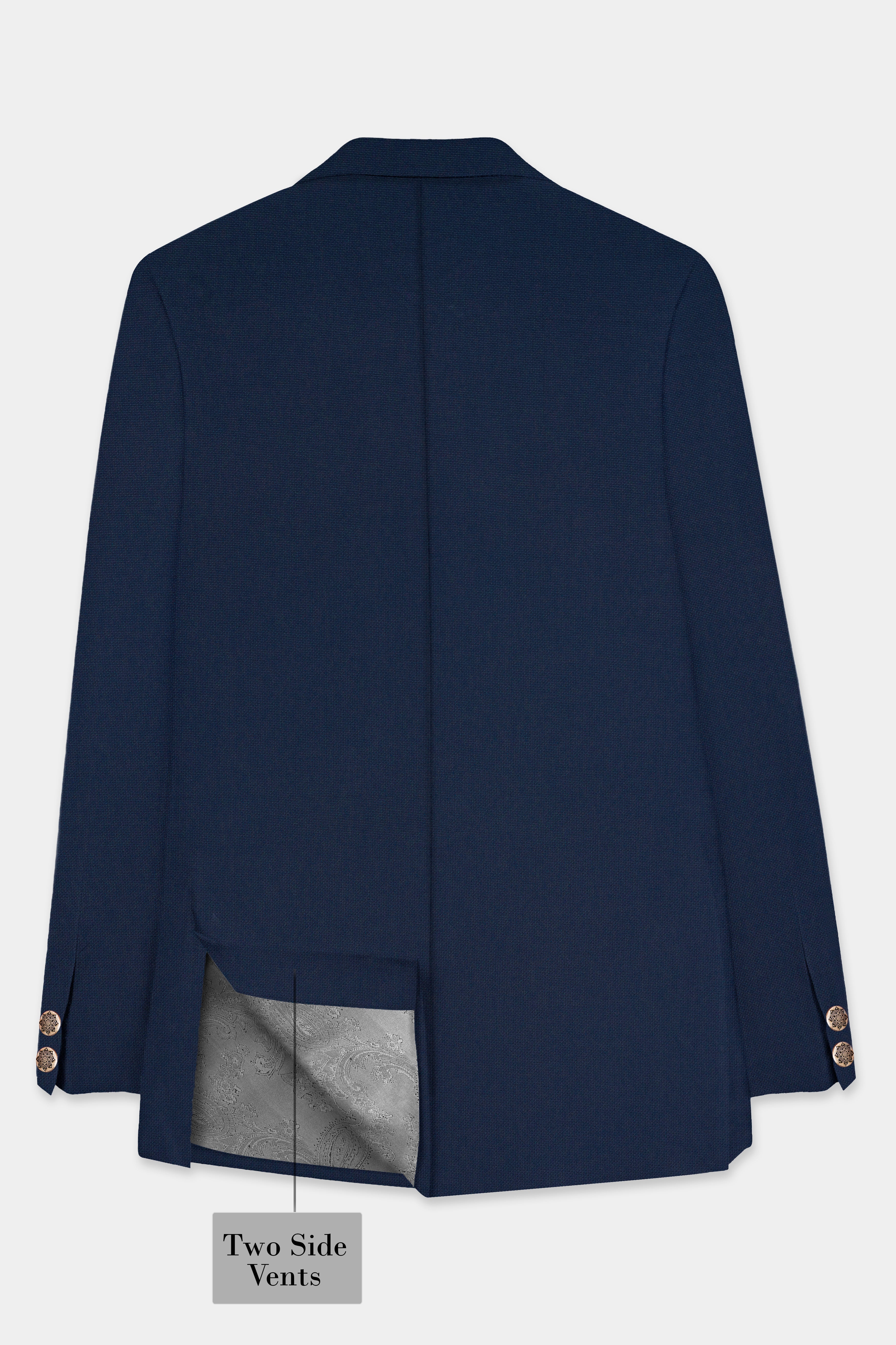 Big Stone Blue Textured Wool Blend Bandhgala Blazer