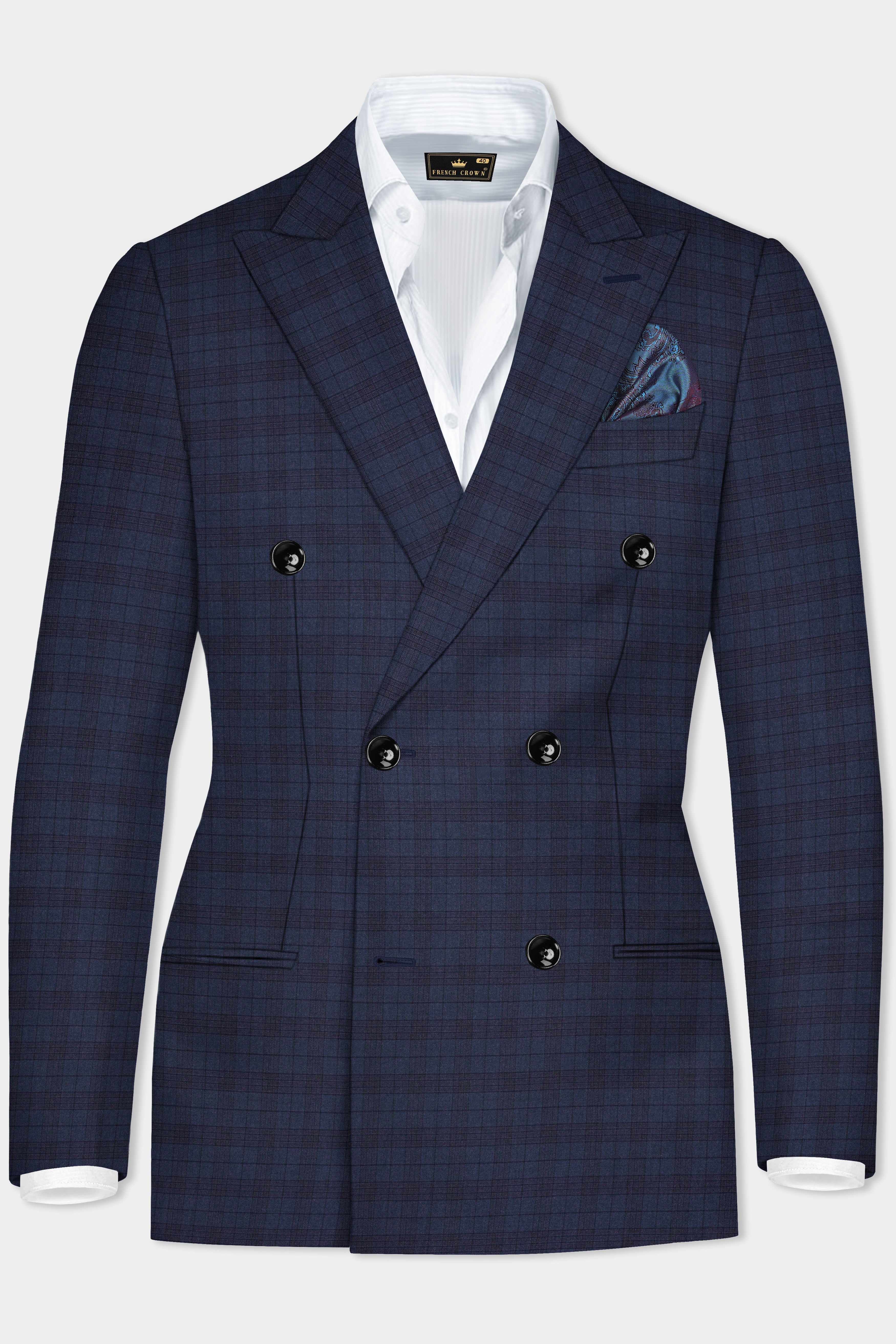 Martinique Blue Plaid Wool Blend Double Breasted Blazer