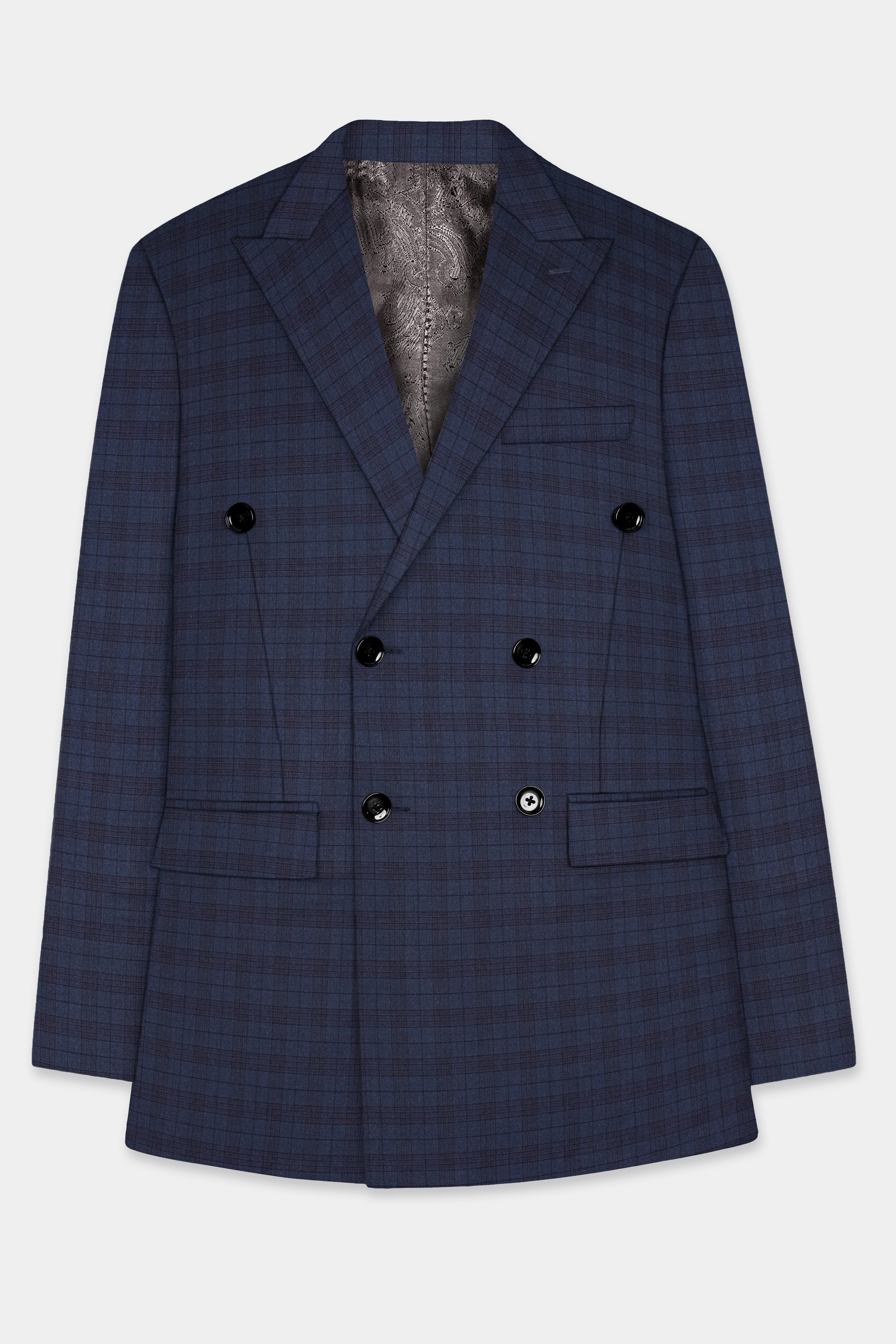 Martinique Blue Plaid Wool Blend Double Breasted Blazer