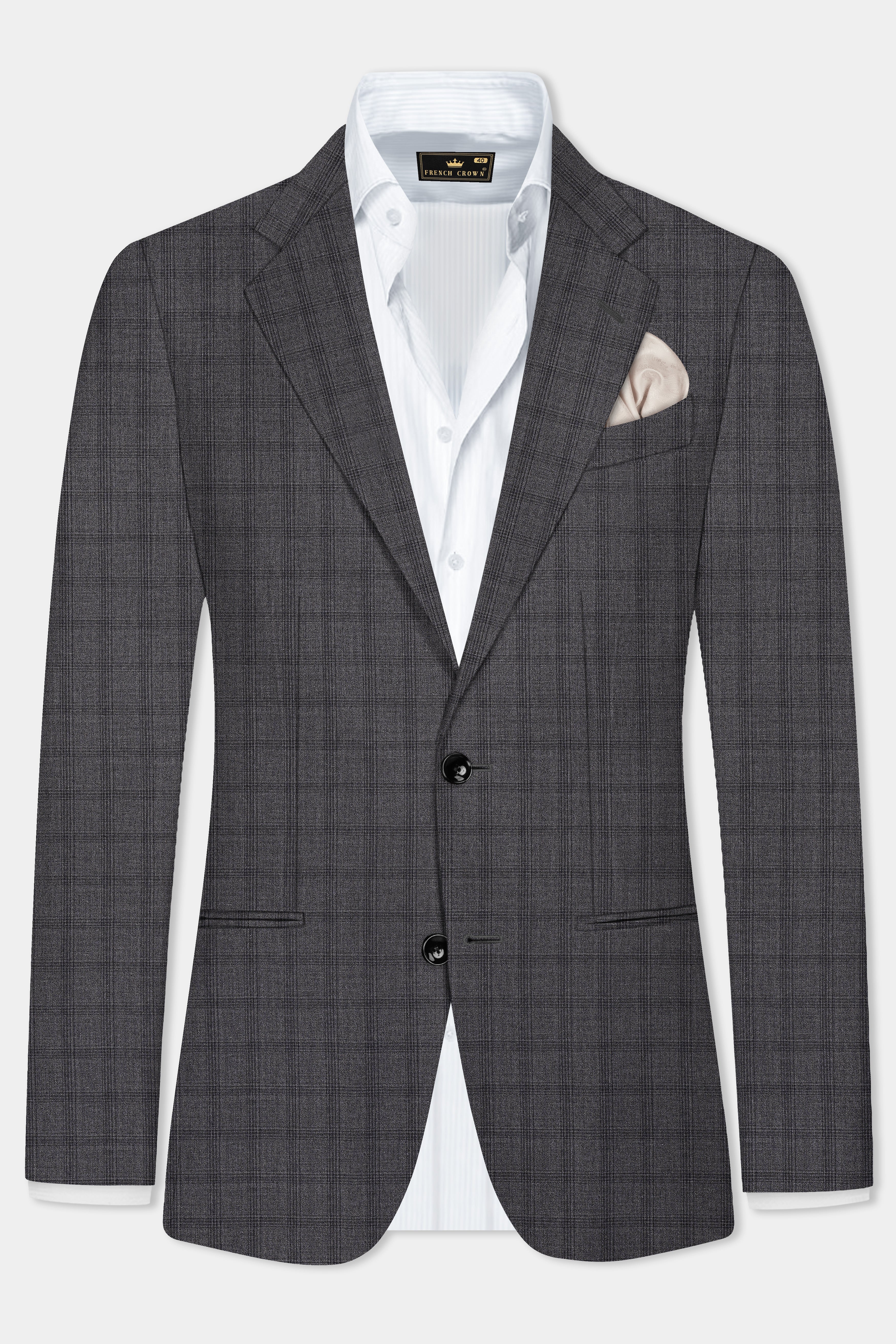 Gravel Gray Checked Wool Blend Single Breasted Blazer