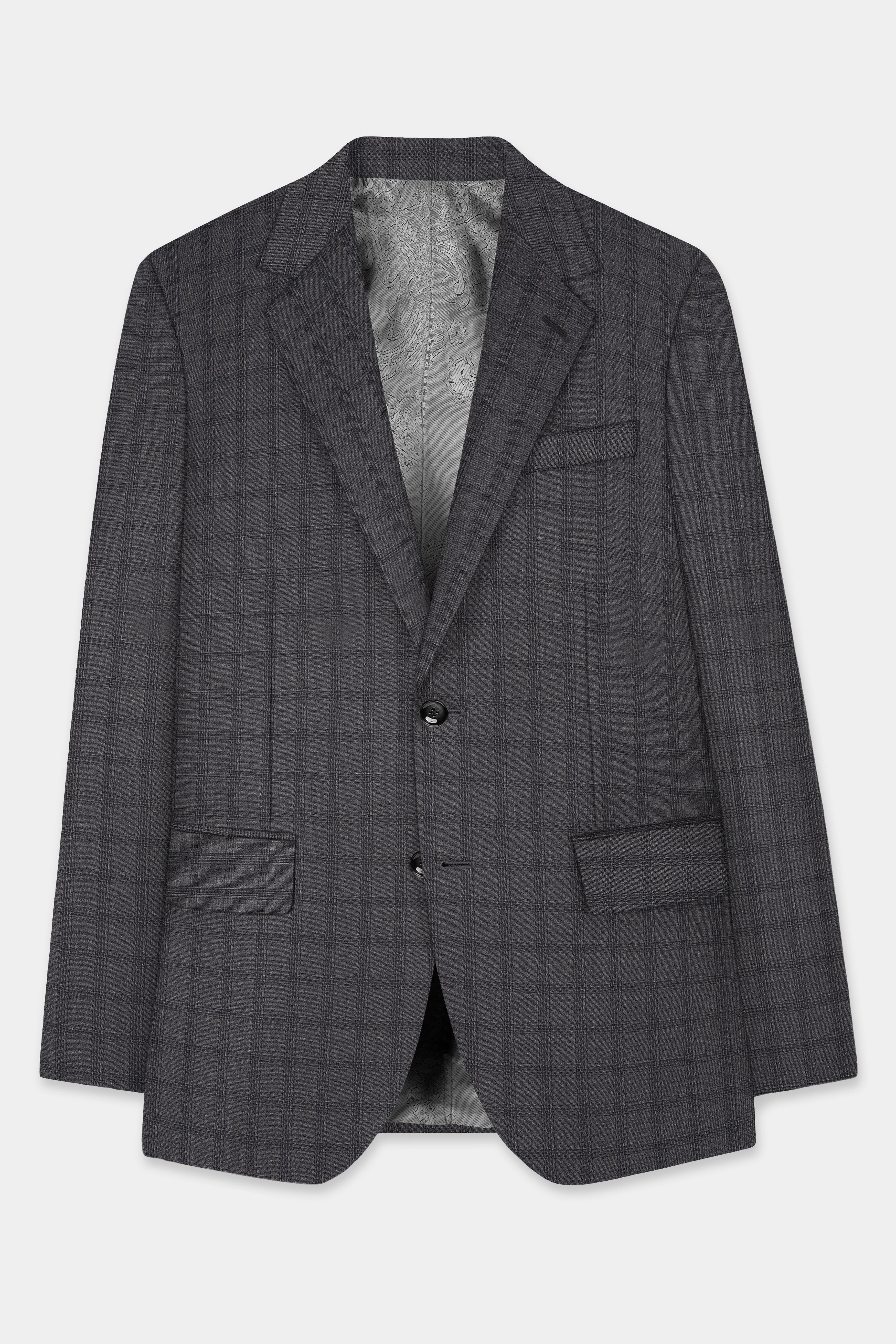 Gravel Gray Checked Wool Blend Single Breasted Blazer