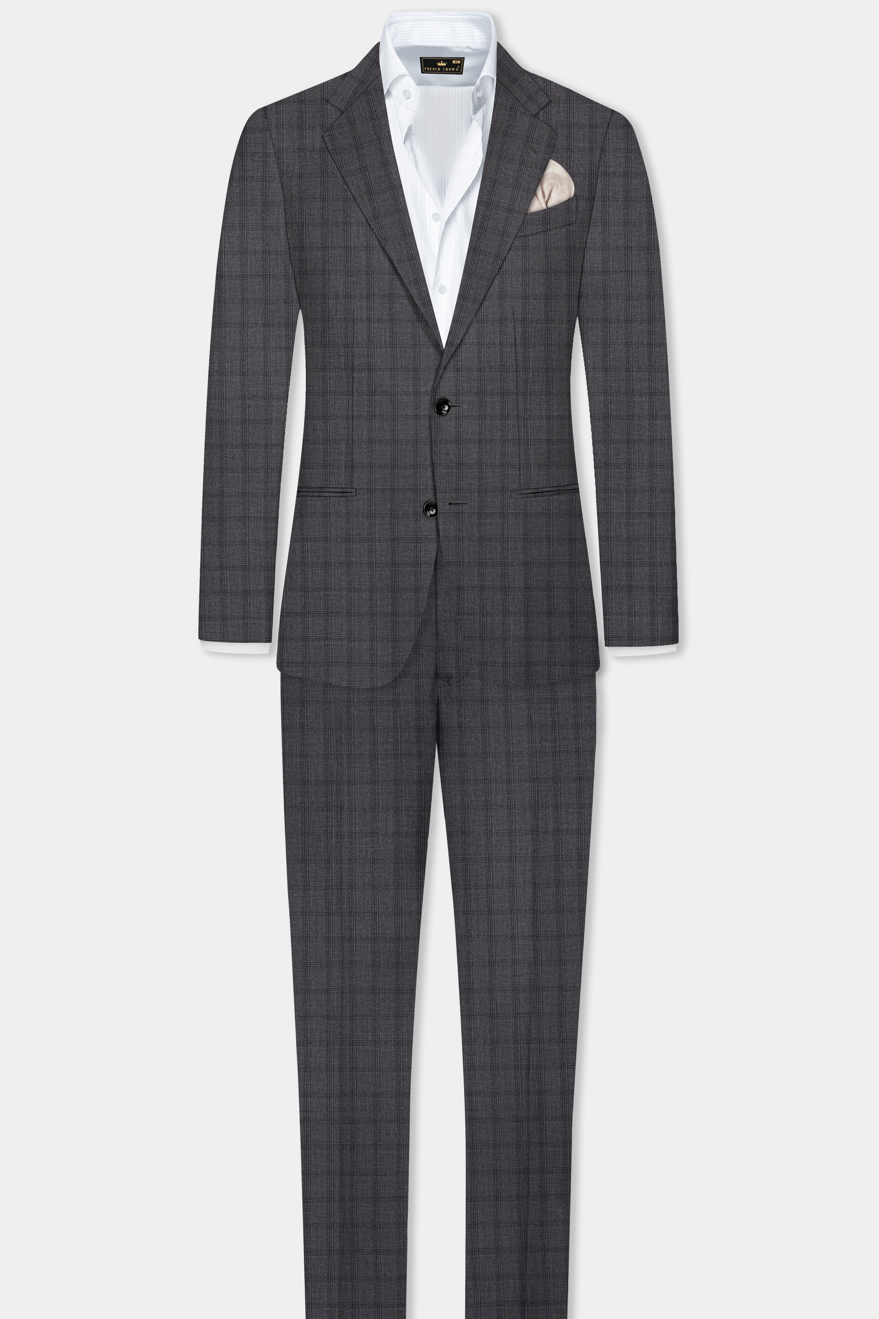 Gravel Gray Checked Wool Blend Single Breasted Blazer