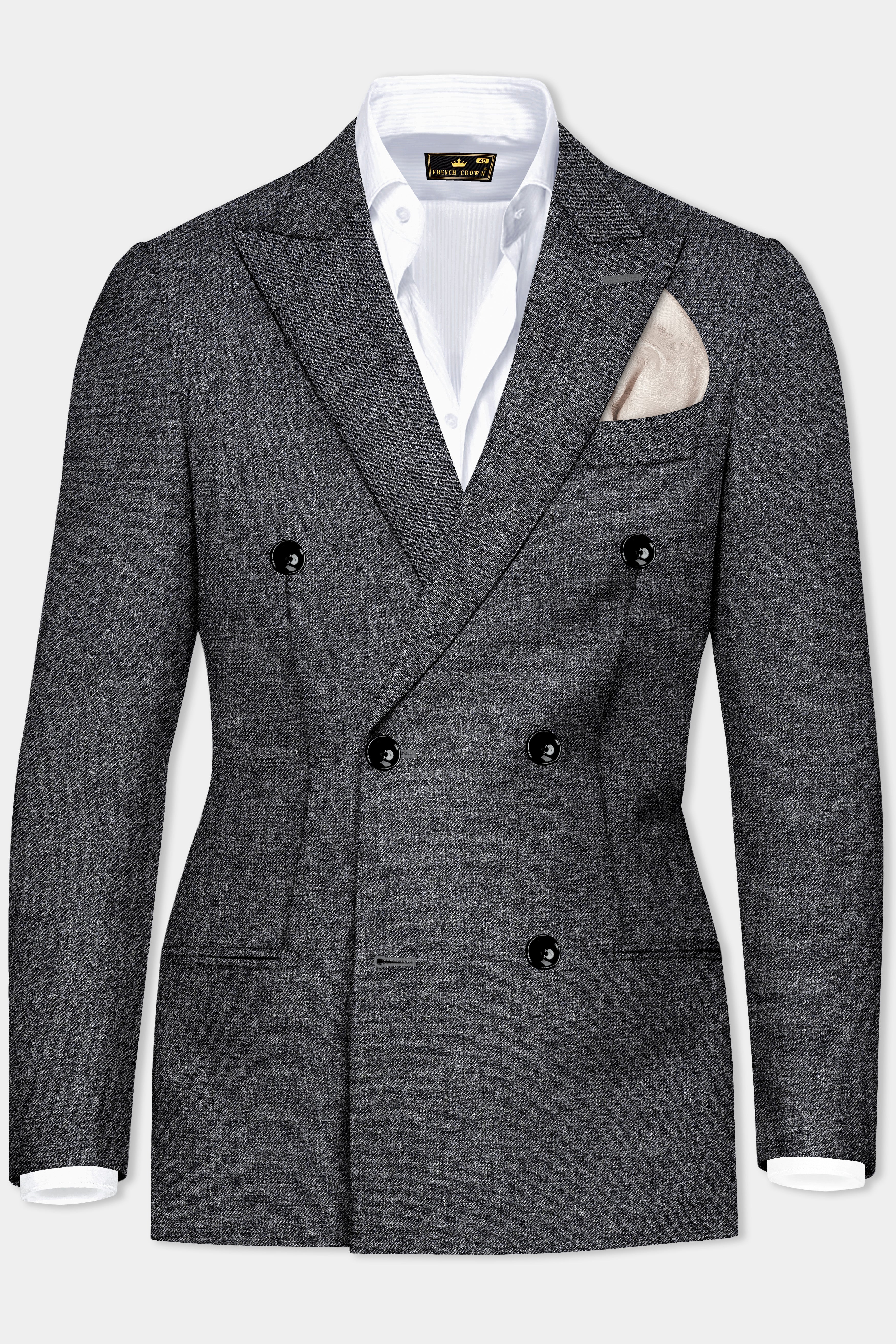 Vampire Gray Textured Wool Blend Flannel Double Breasted Blazer