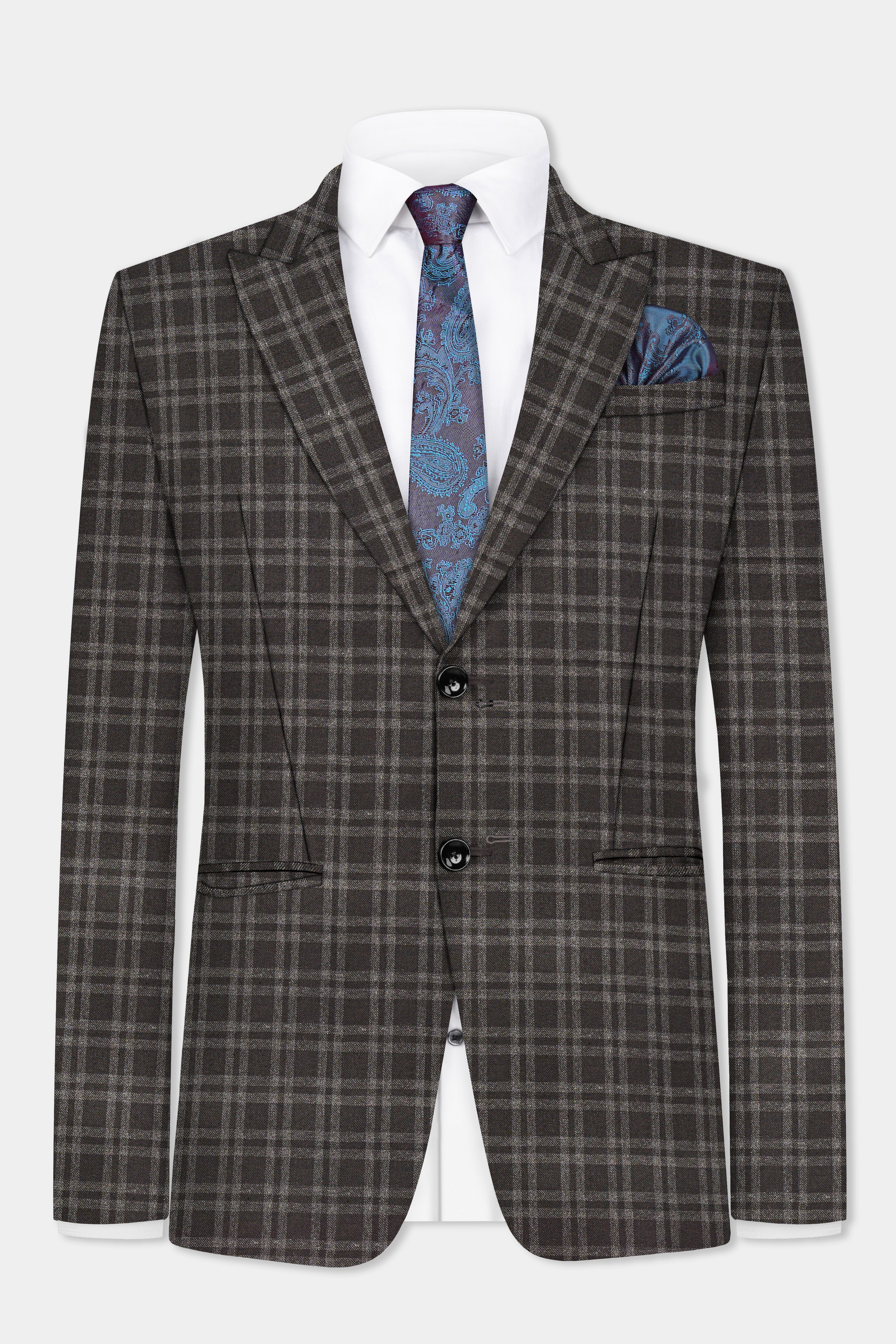 Espresso Brown Plaid Wool Blend Single Breasted Blazer