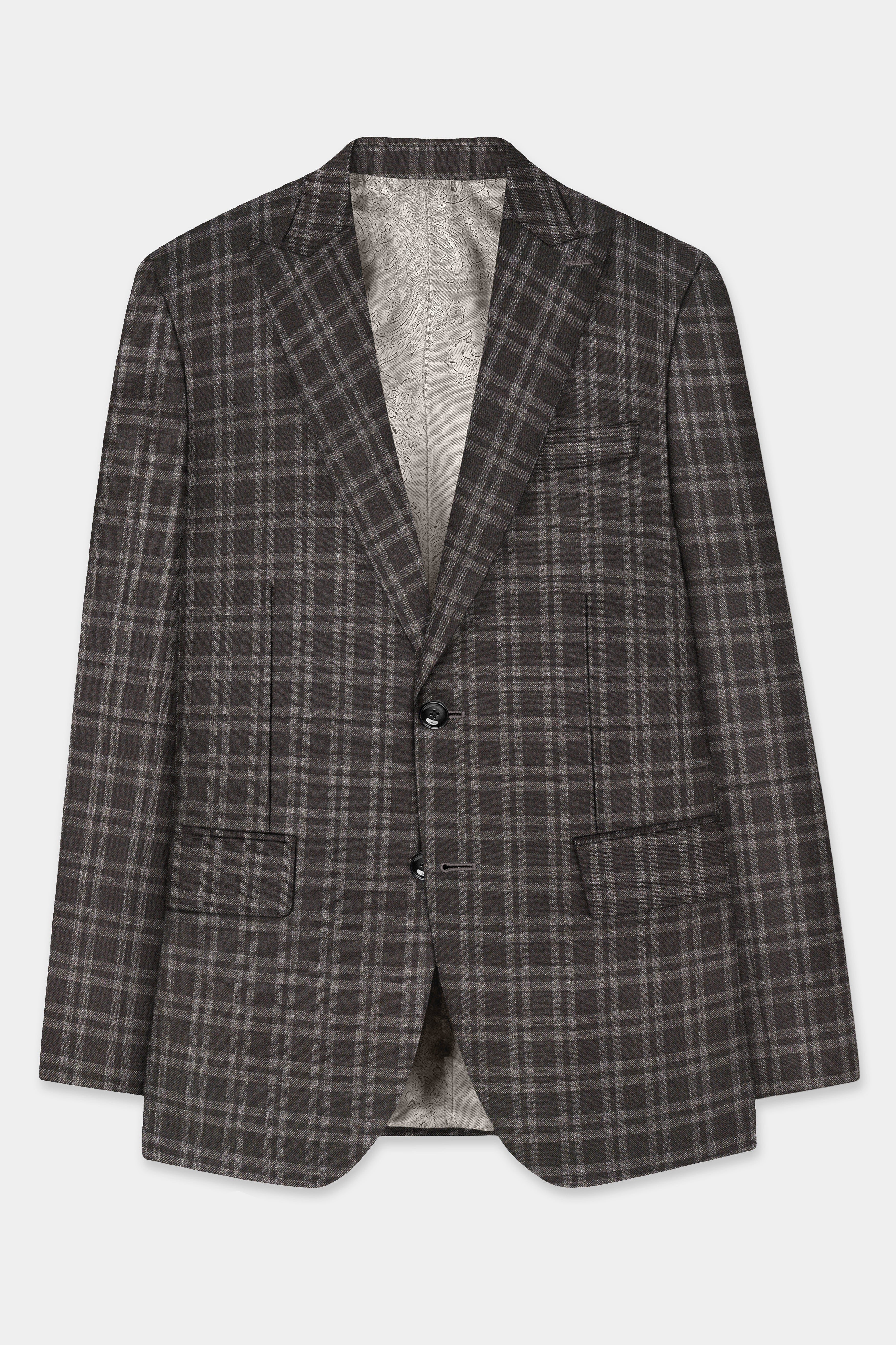 Espresso Brown Plaid Wool Blend Single Breasted Blazer