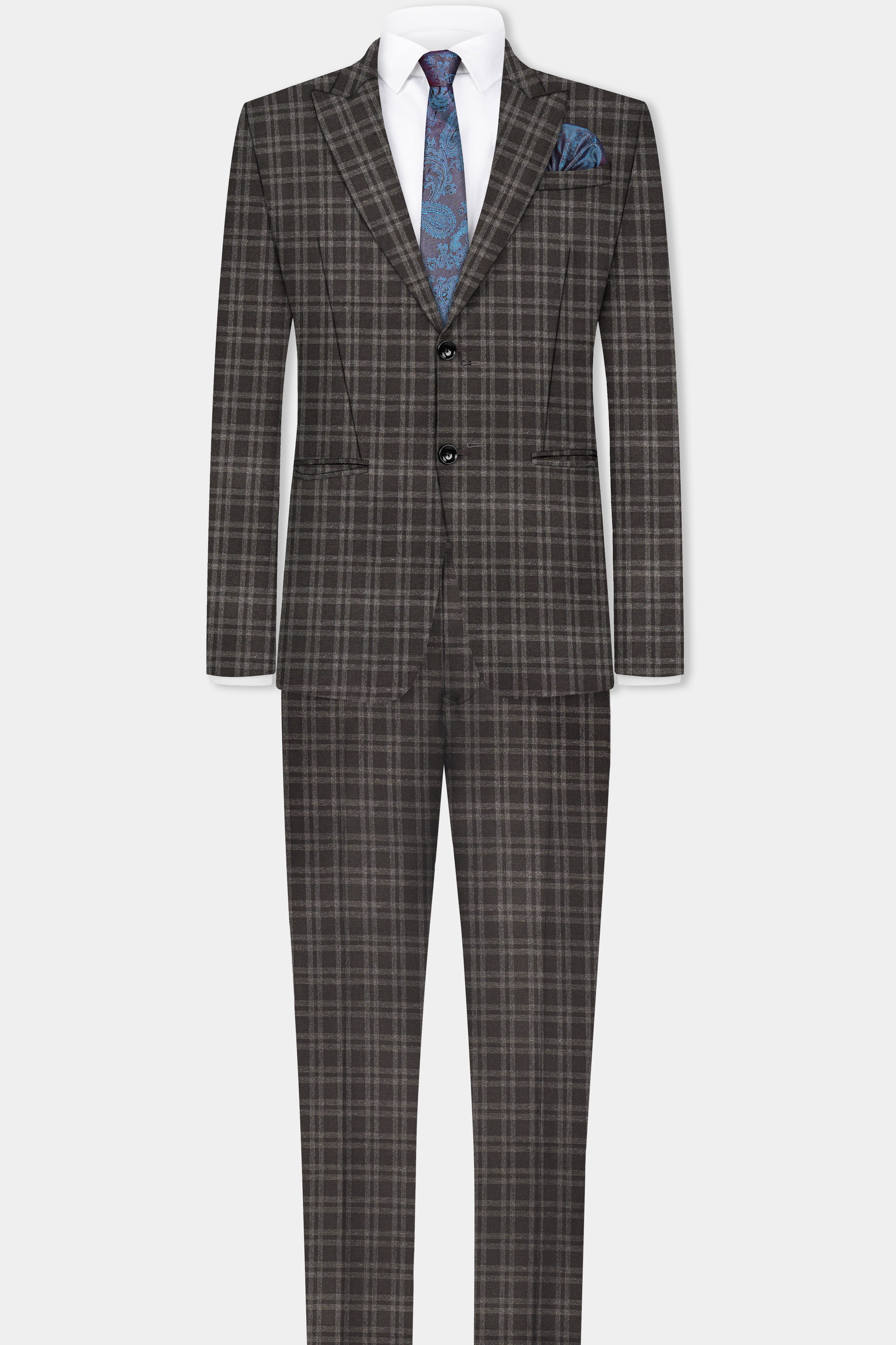 Espresso Brown Plaid Wool Blend Single Breasted Blazer