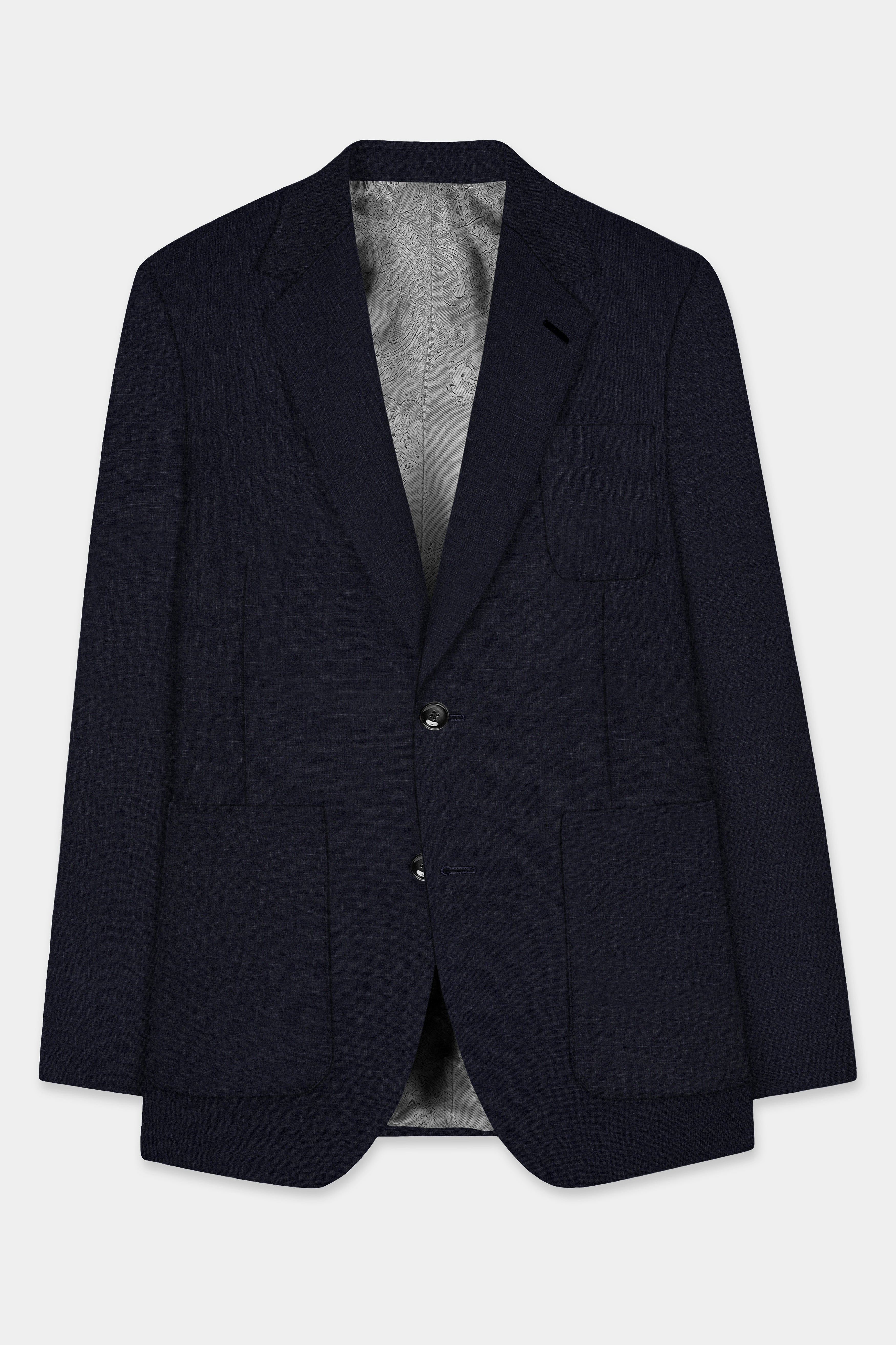 Shark Blue Textured Luxurious Linen Single Breasted Blazer