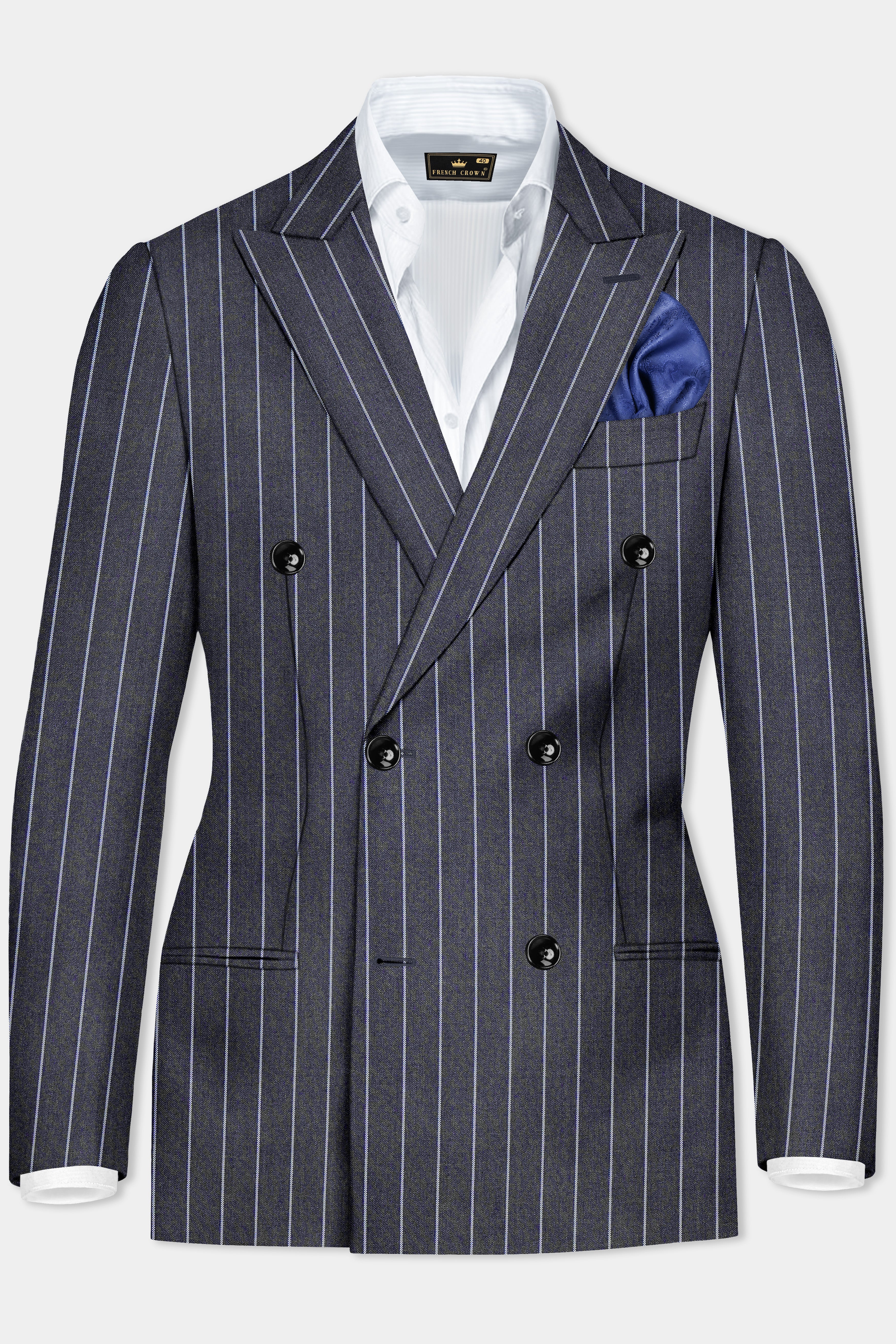 Piano Gray Striped Wool Blend Double Breasted Blazer