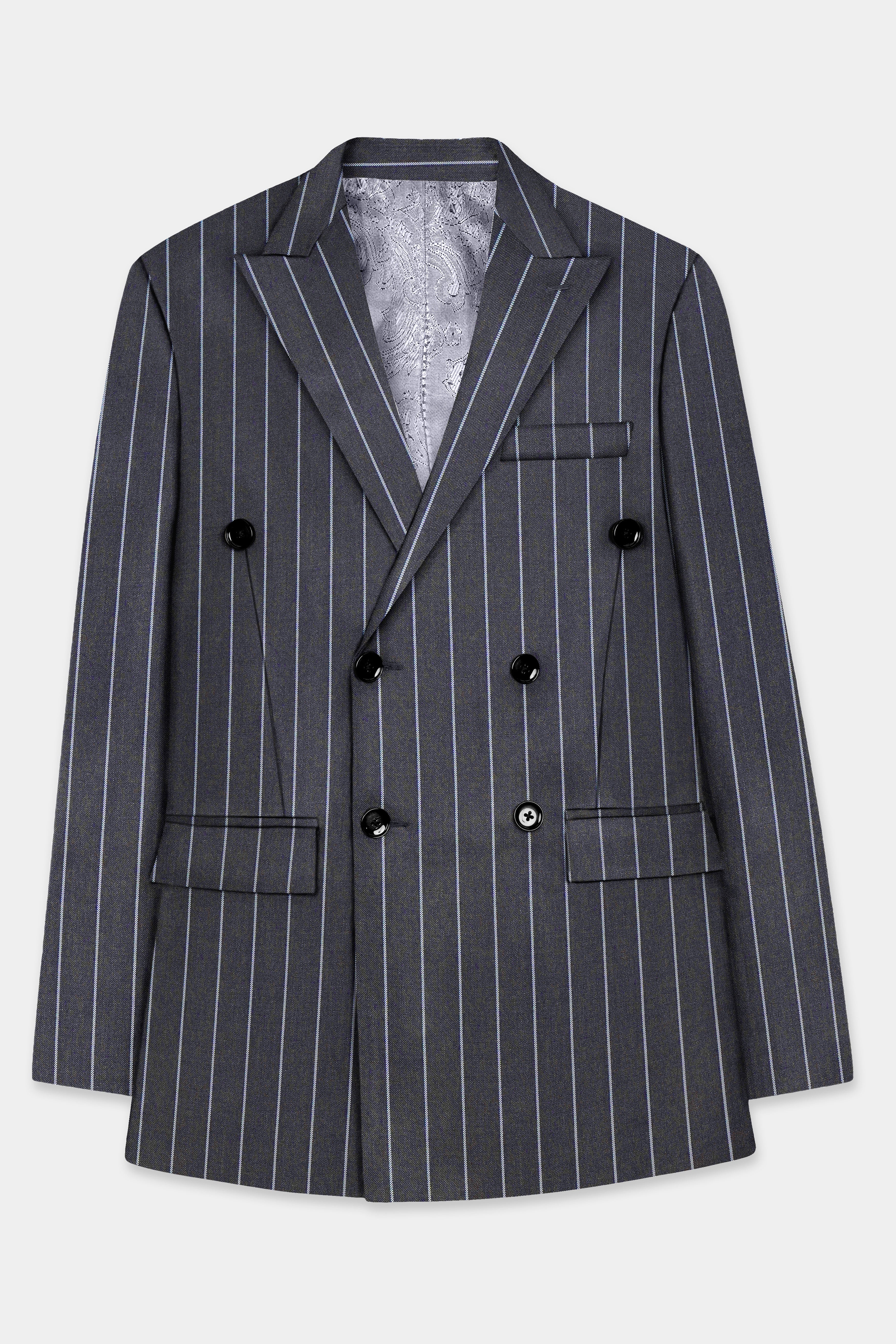 Piano Gray Striped Wool Blend Double Breasted Blazer