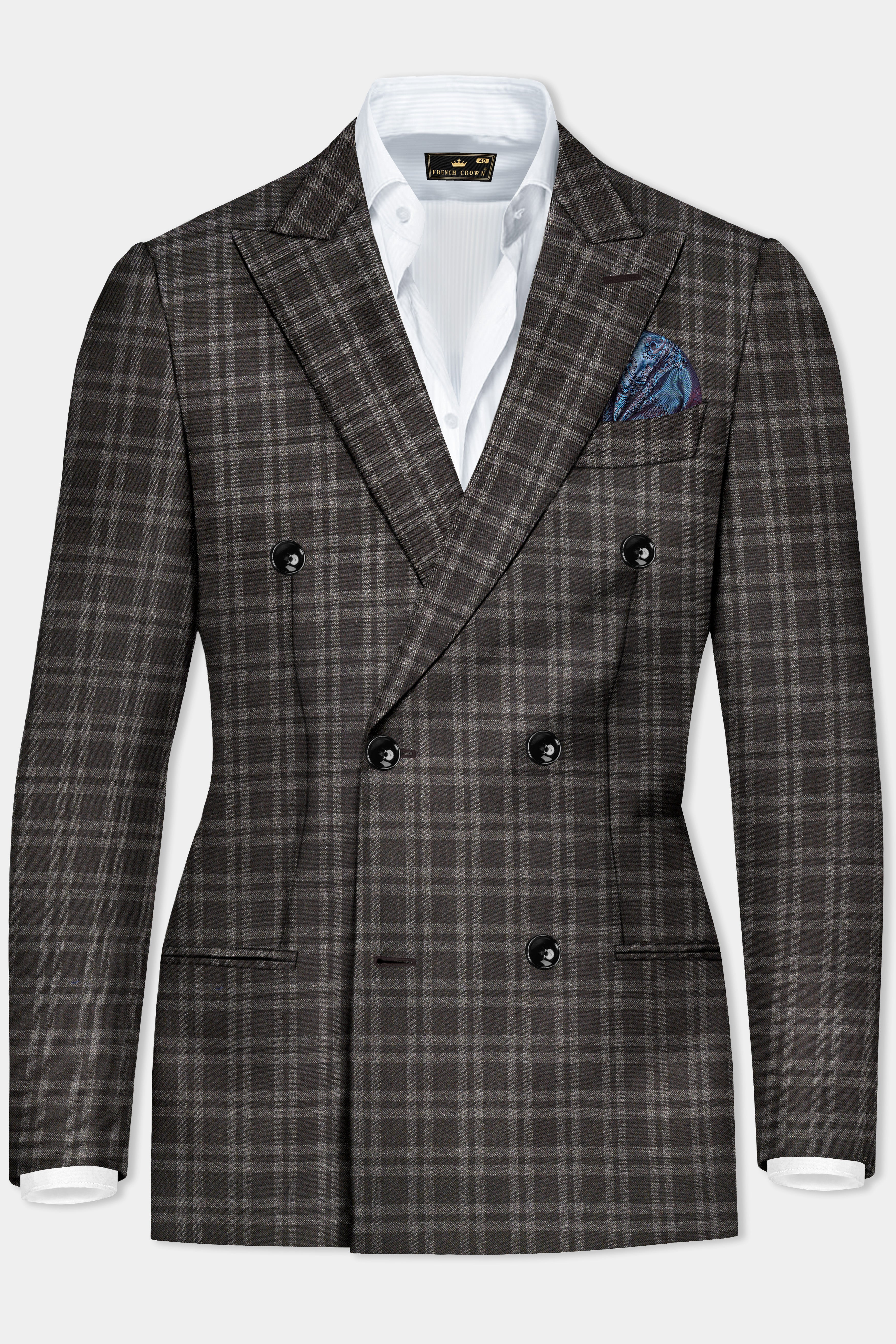 Espresso Brown Plaid Wool Blend Double Breasted Blazer