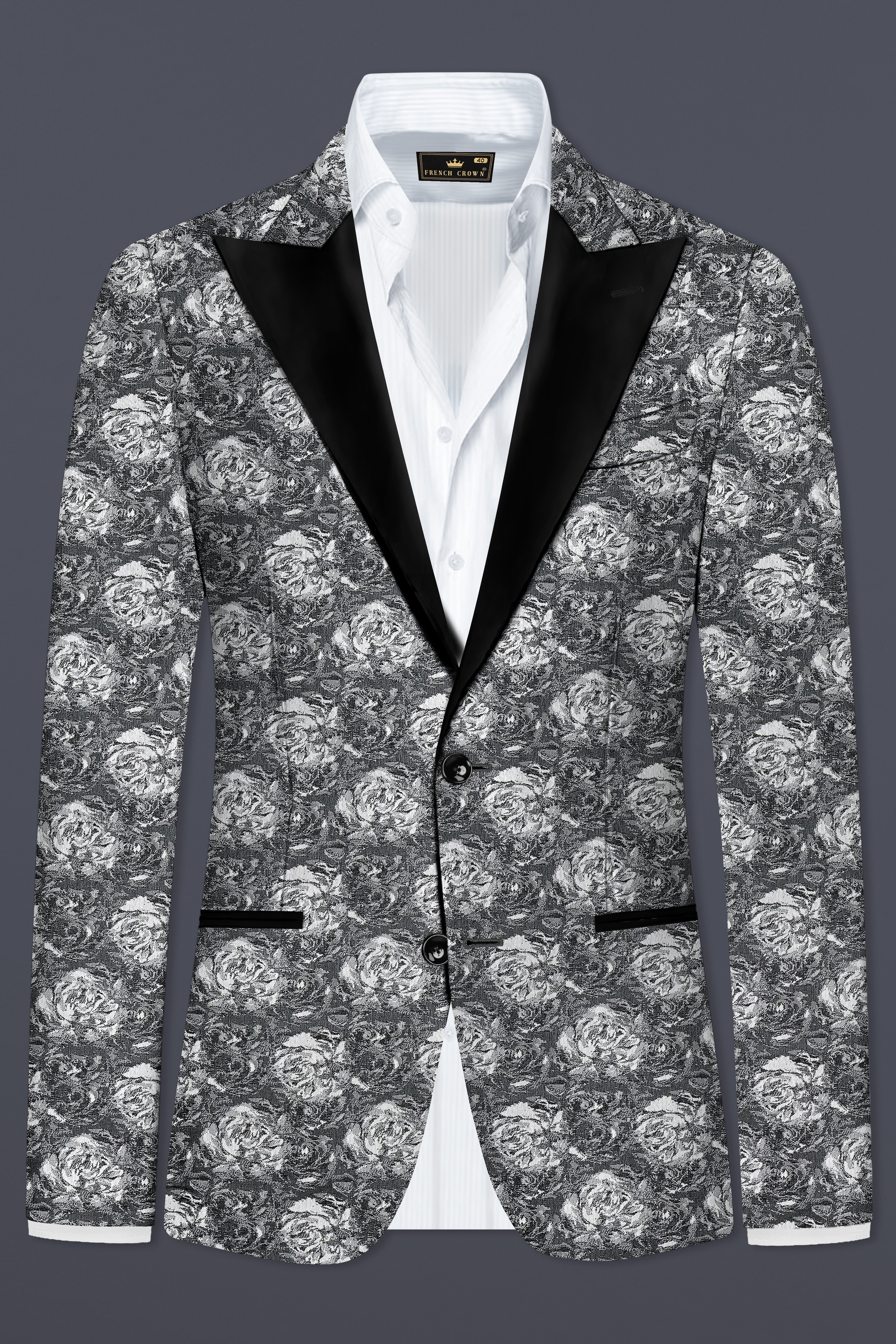 Vampire Gray Jacquard Textured Designer Peak Collar Tuxedo Blazer