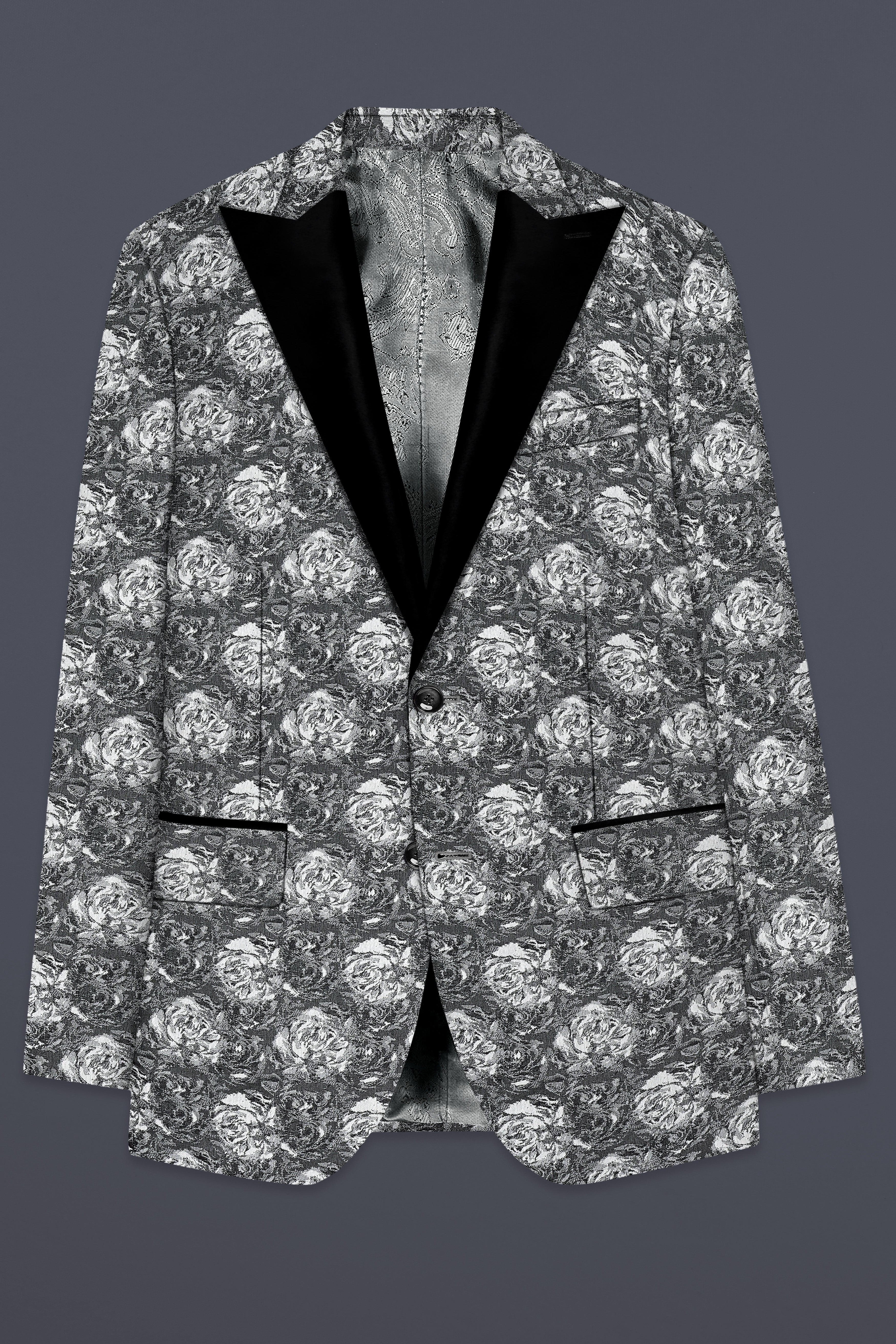 Vampire Gray Jacquard Textured Designer Peak Collar Tuxedo Blazer