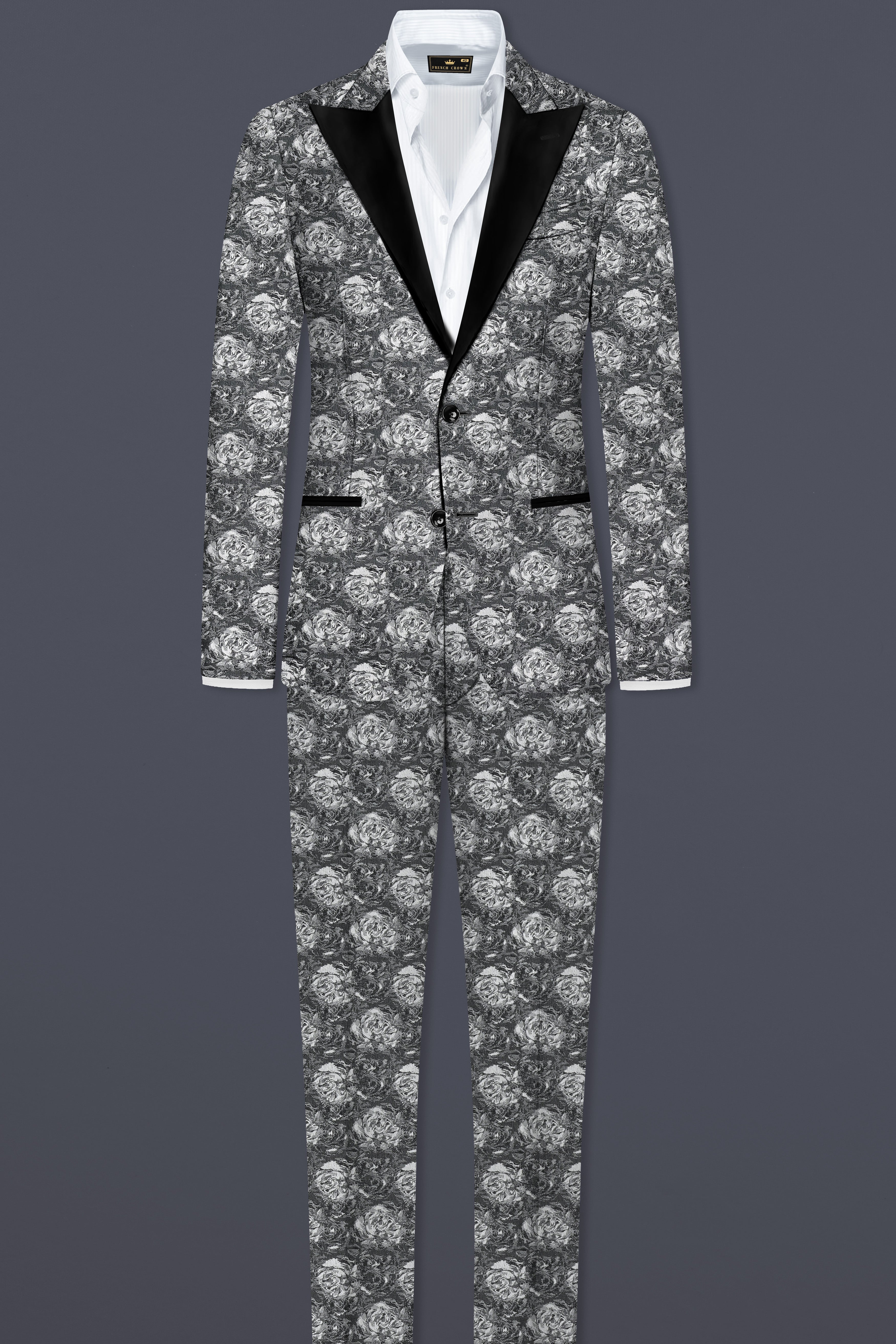 Vampire Gray Jacquard Textured Designer Peak Collar Tuxedo Blazer