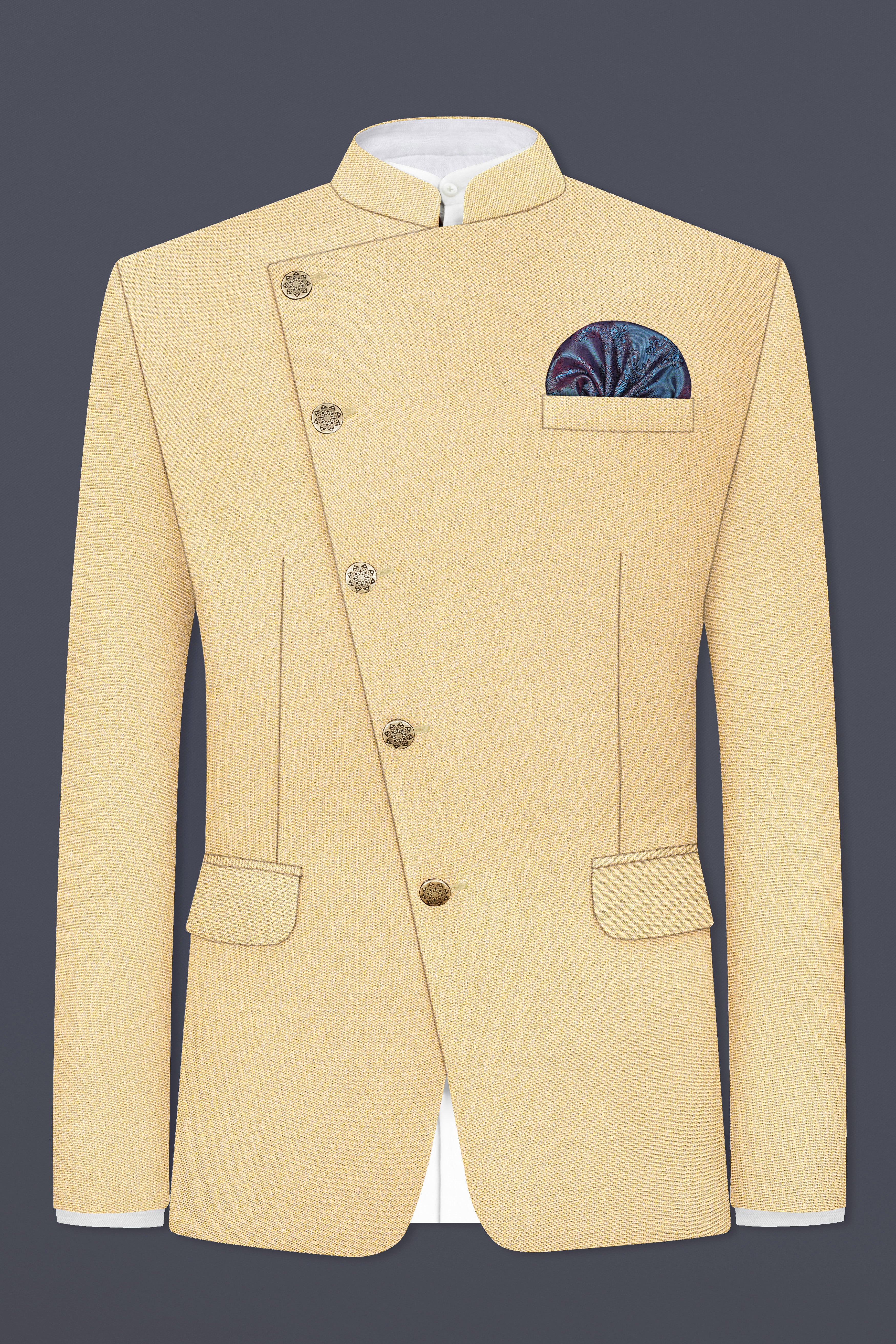 Marzipan Cream Textured Wool Blend Cross Placket Bandhgala Blazer