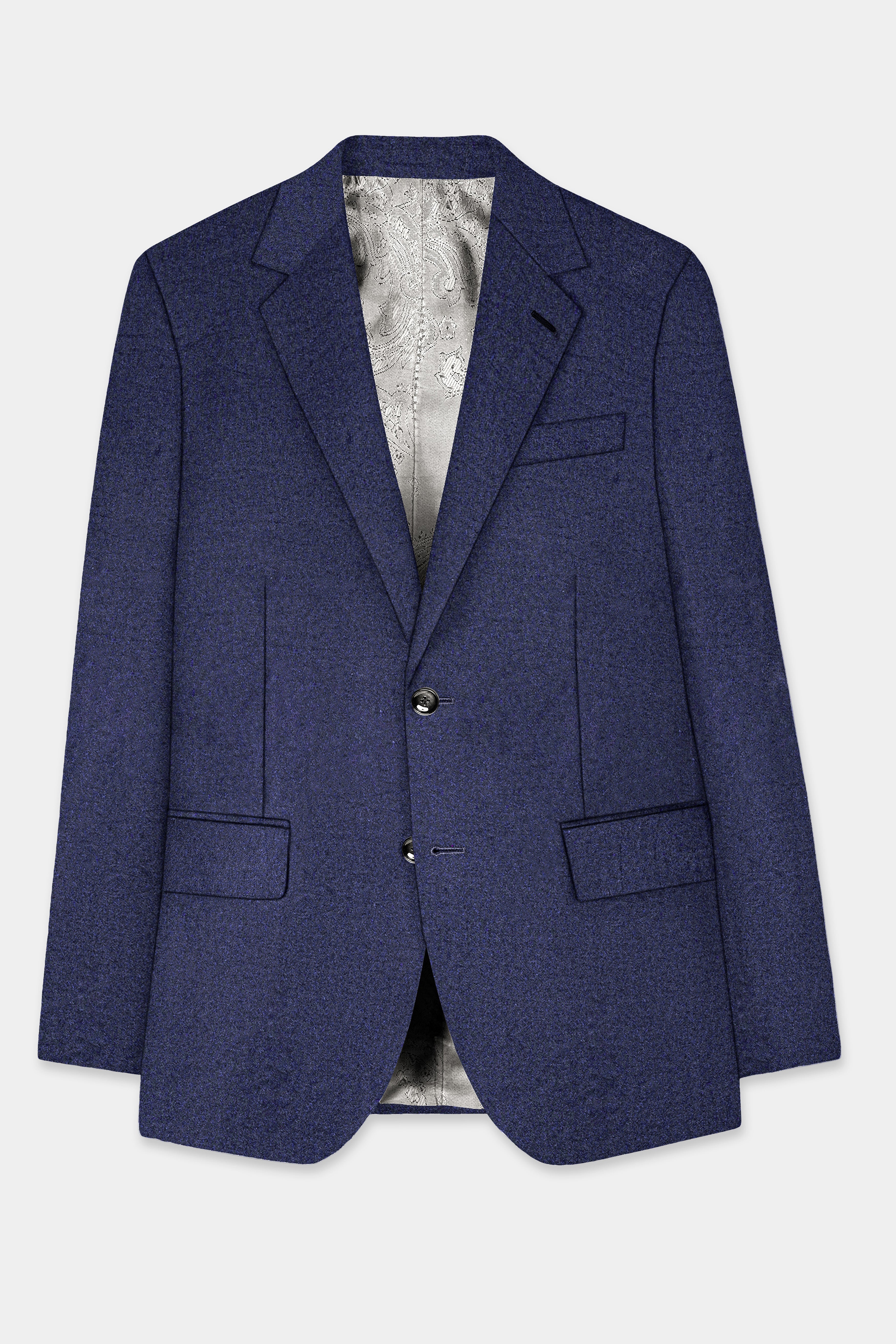 Thunder Blue Solid Wool Blend Single Breasted Blazer