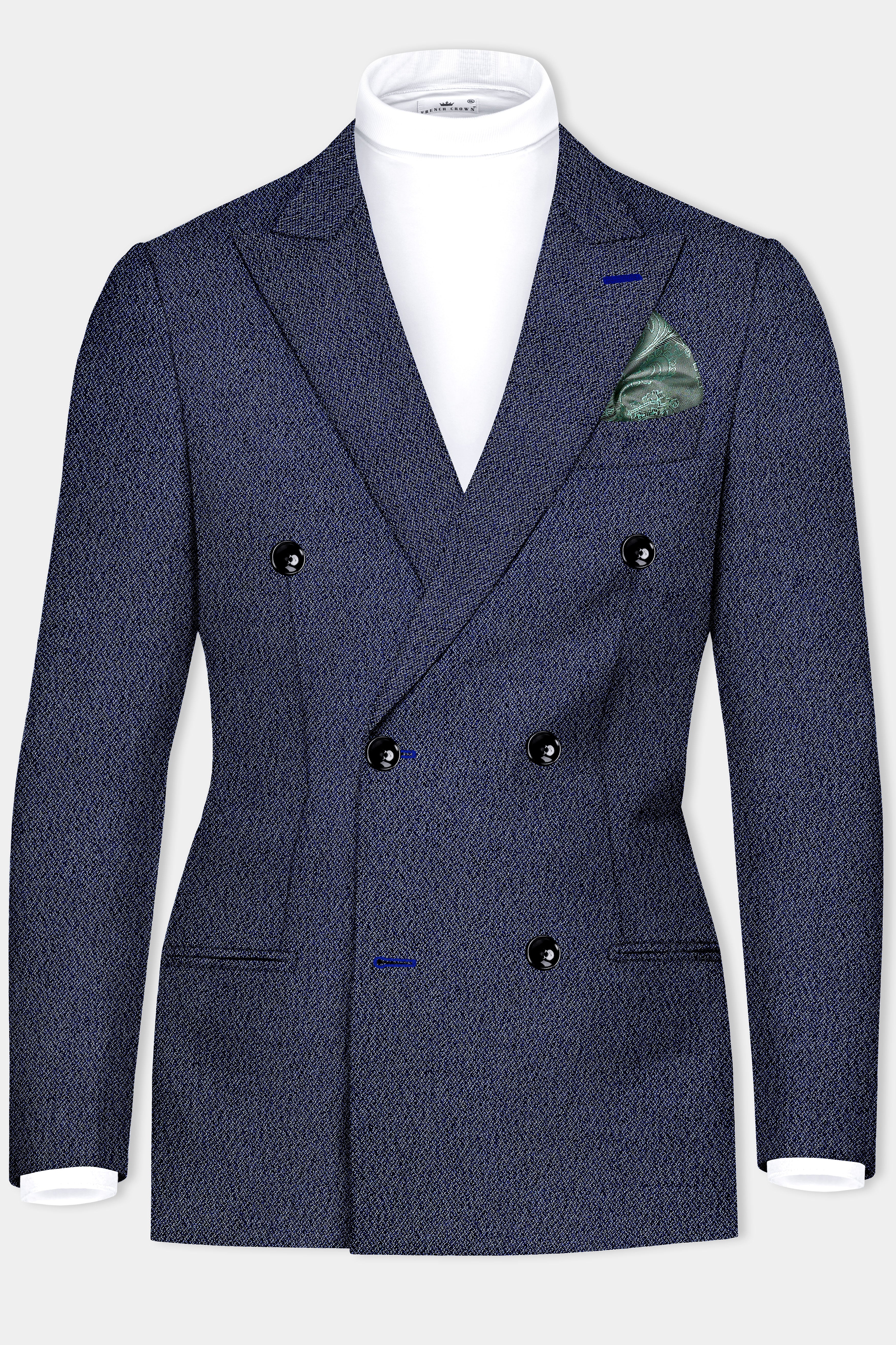 Ebony Clay Blue Textured Cotton Double Breasted Blazer