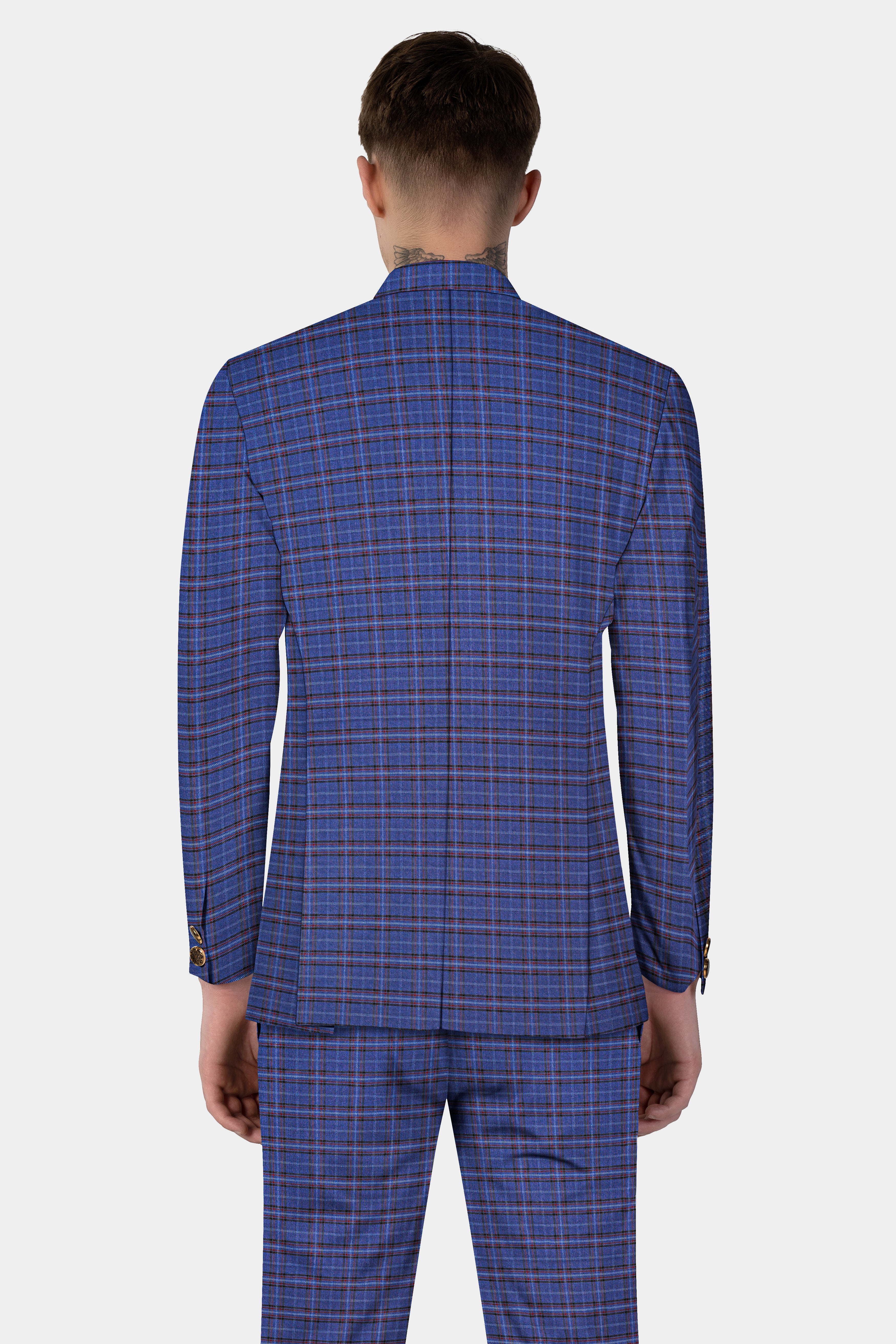 Zodiac Blue Plaid Wool Blend Bandhgala Blazer