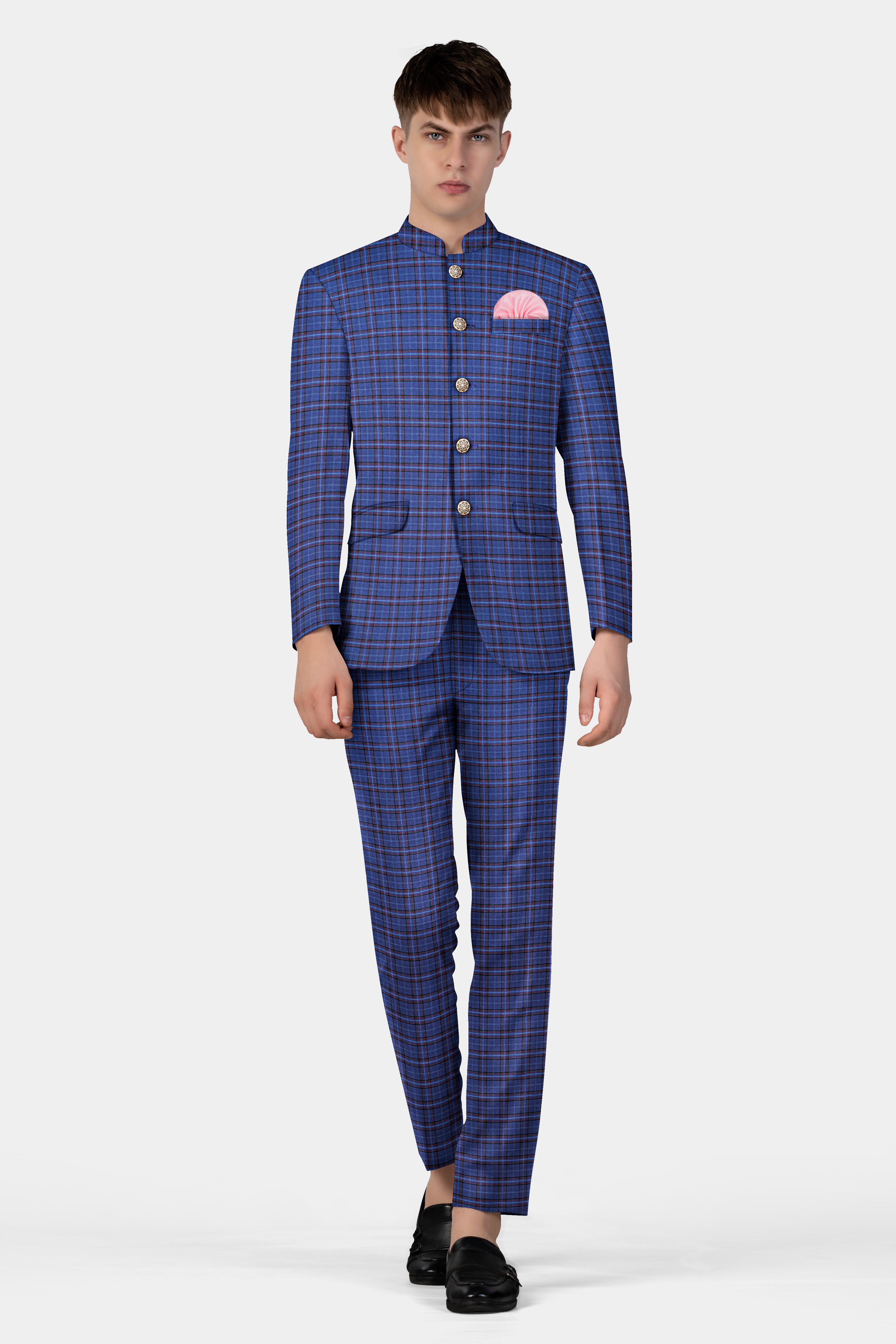 Zodiac Blue Plaid Wool Blend Bandhgala Blazer