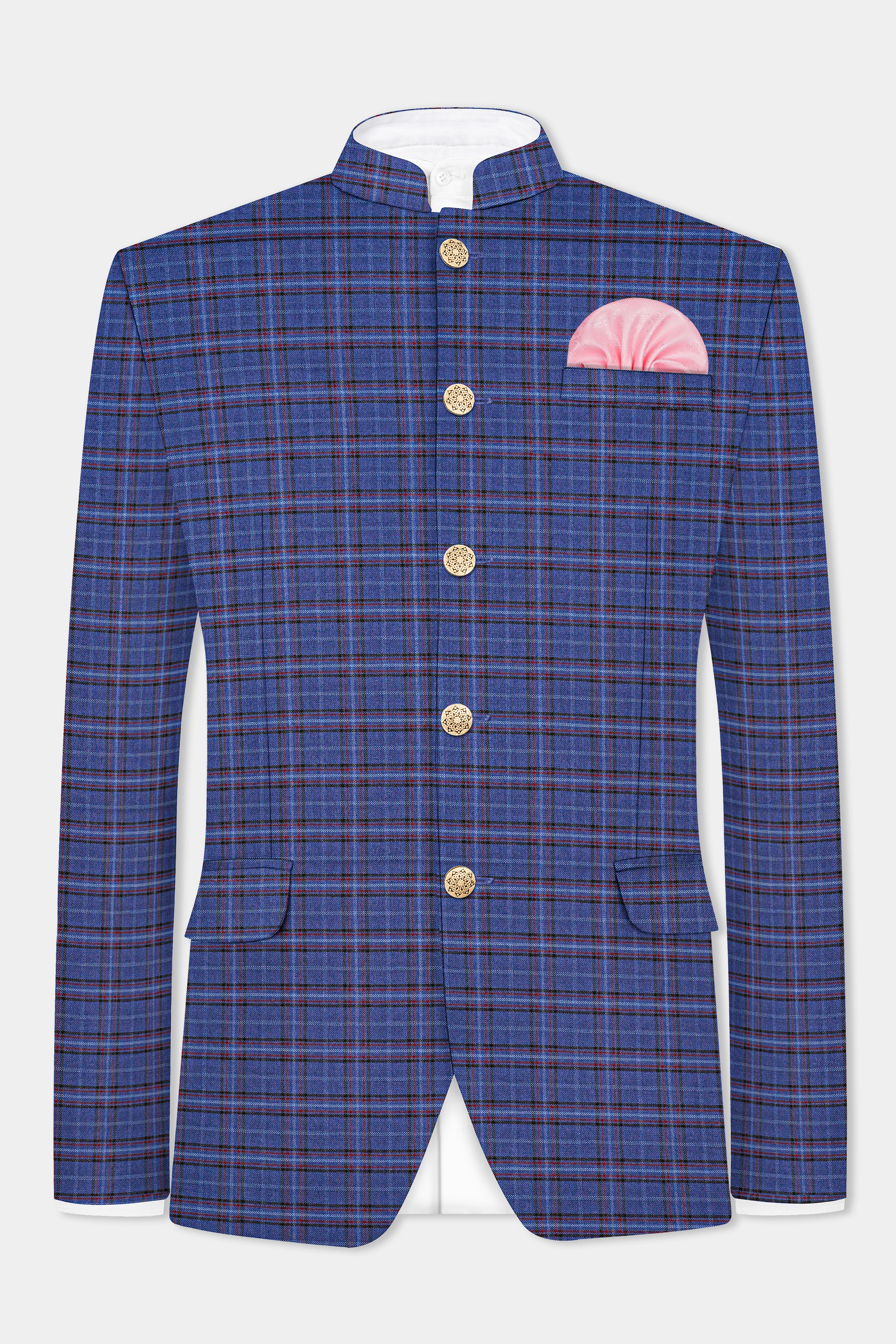 Zodiac Blue Plaid Wool Blend Bandhgala Blazer