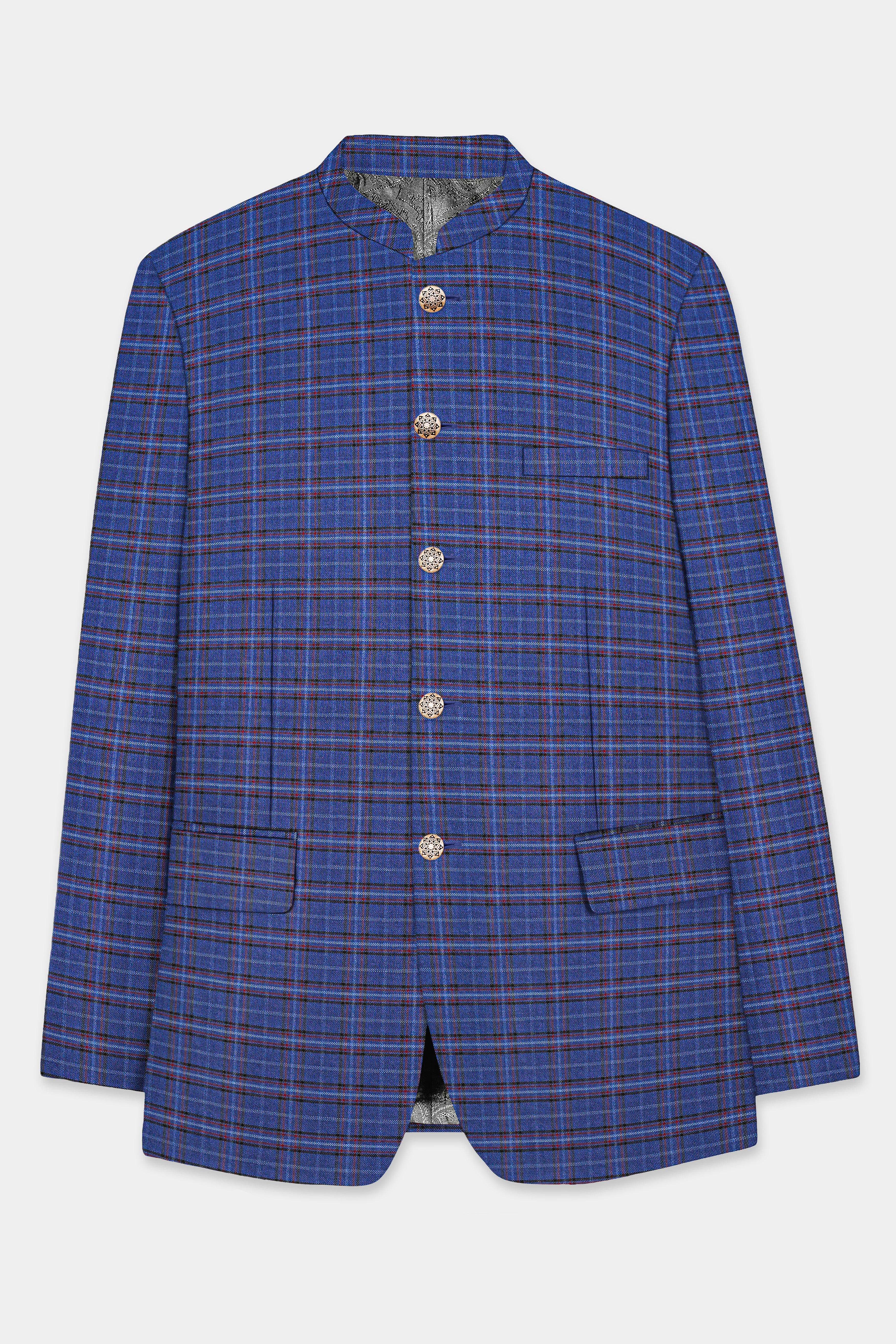 Zodiac Blue Plaid Wool Blend Bandhgala Blazer