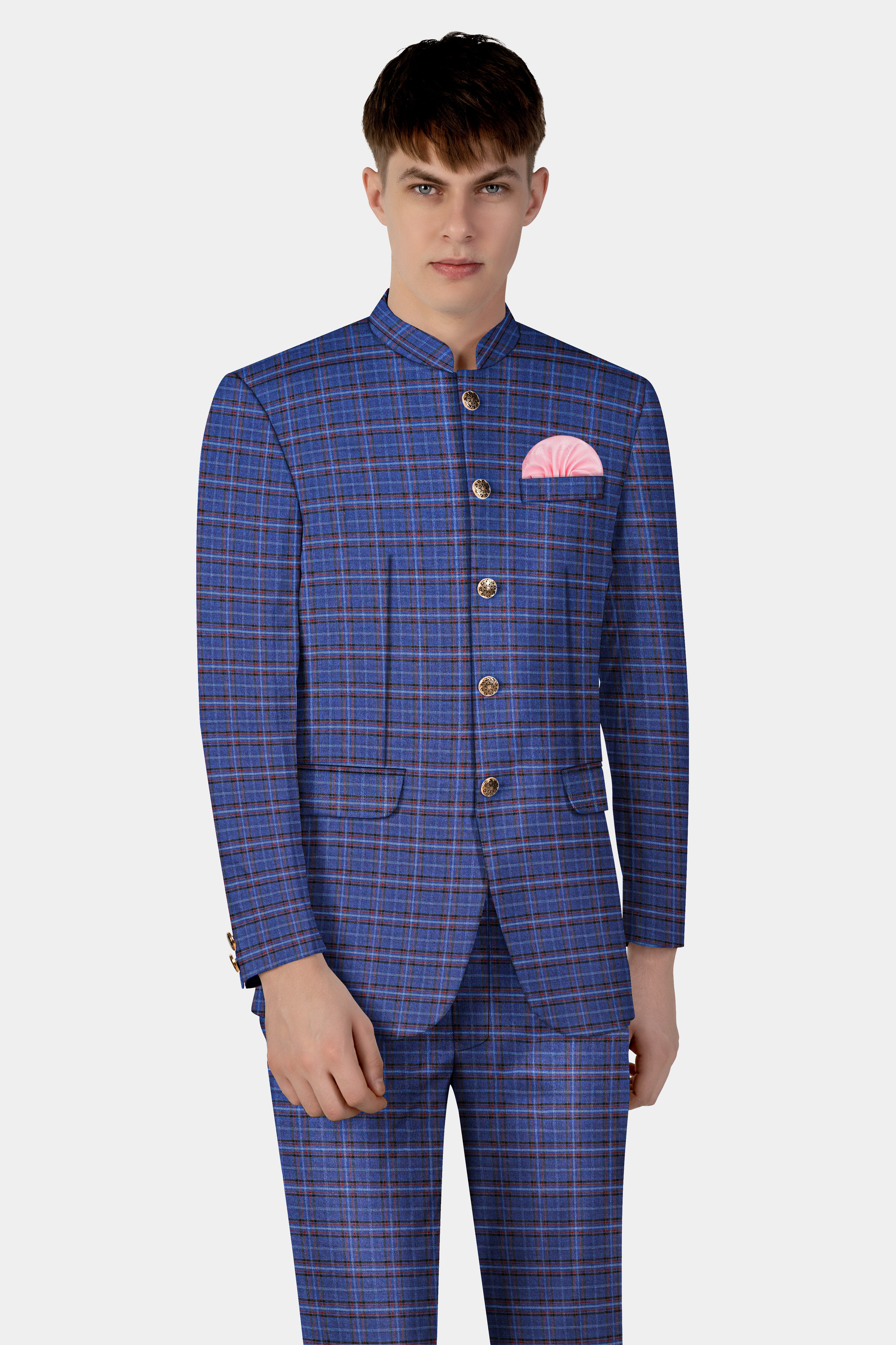 Zodiac Blue Plaid Wool Blend Bandhgala Blazer