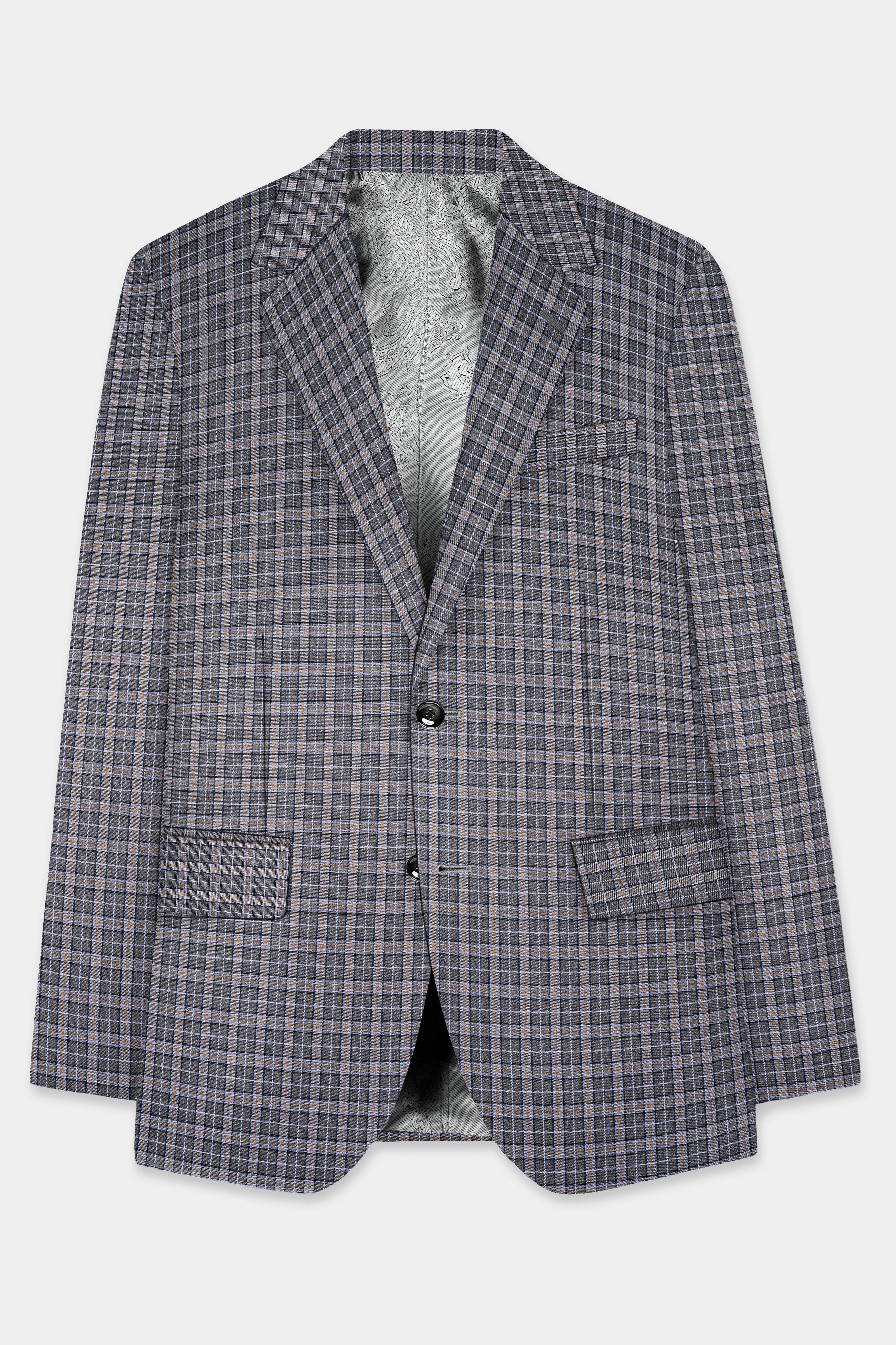 Smokey Gray Plaid Wool Blend Single Breasted Blazer