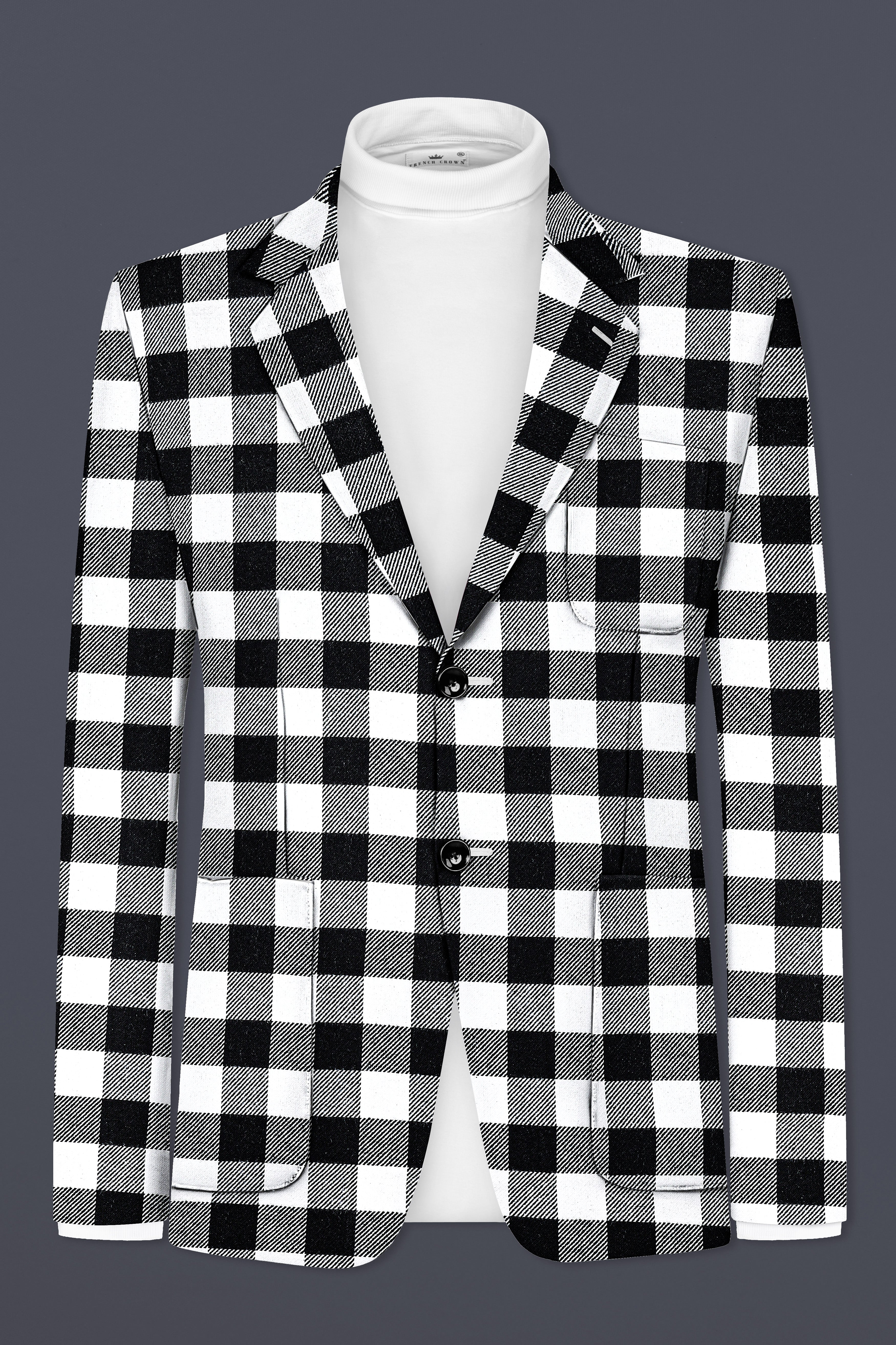 Bright White And Jade Black Checked Flannel Cotton Single Breasted Designer Blazer