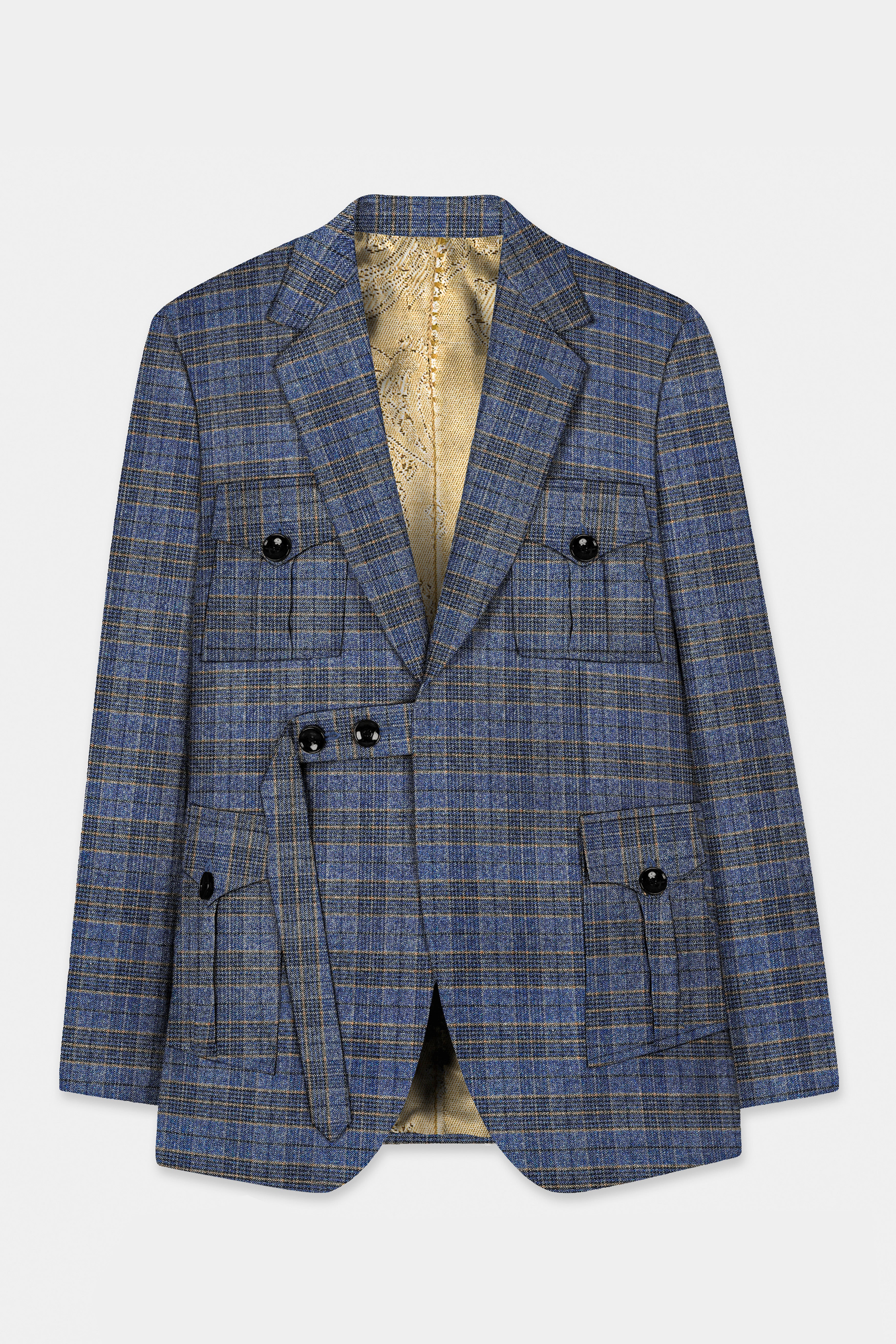 Dianne Blue Plaid Wool Blend Belt Closure Designer Blazer