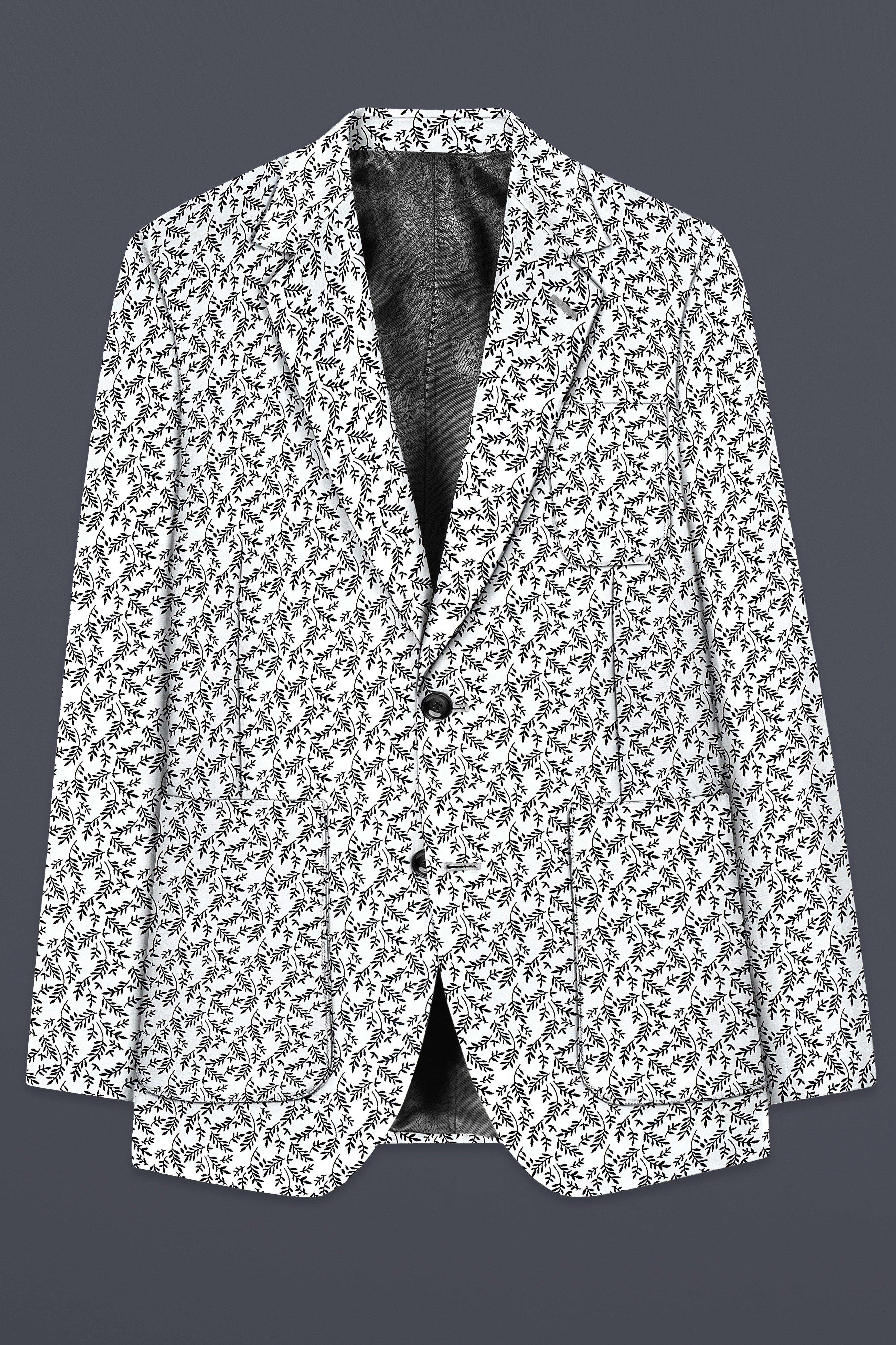 Bright White And jade Black Printed Cotton Single Breasted Designer Blazer