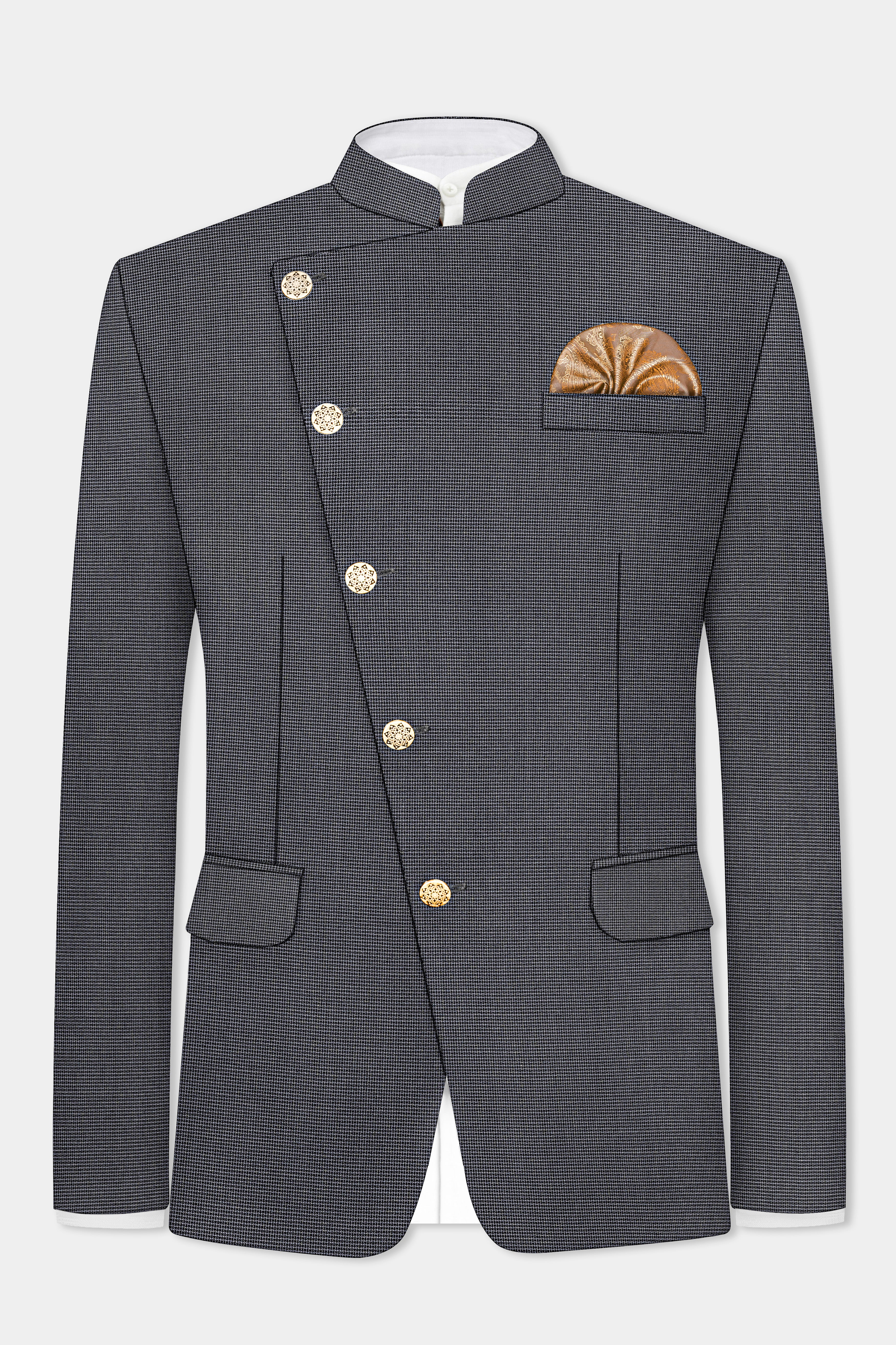 Shaft Gray Textured Wool Blend Cross Placket Bandhgala Blazer